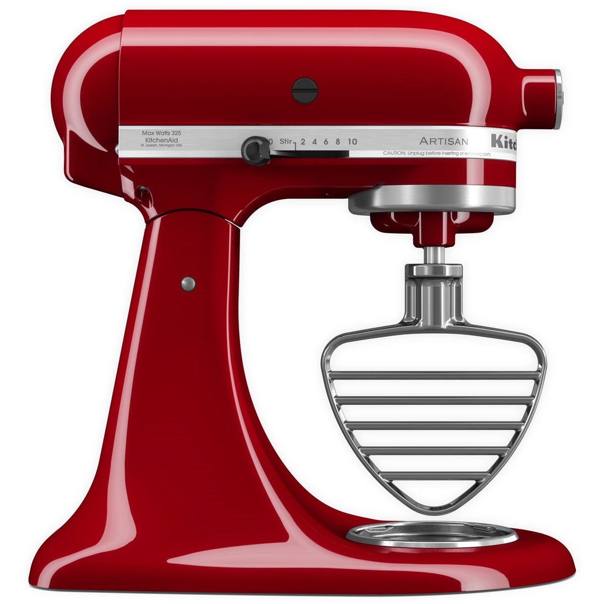 Stainless steel pastry beater attachment mounted on a red stand mixer
