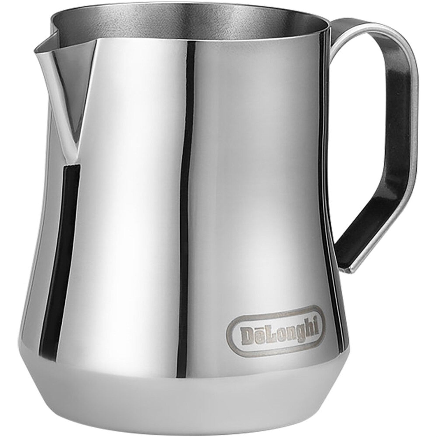 Brushed stainless steel milk frothing pitcher with curved spout and right handle