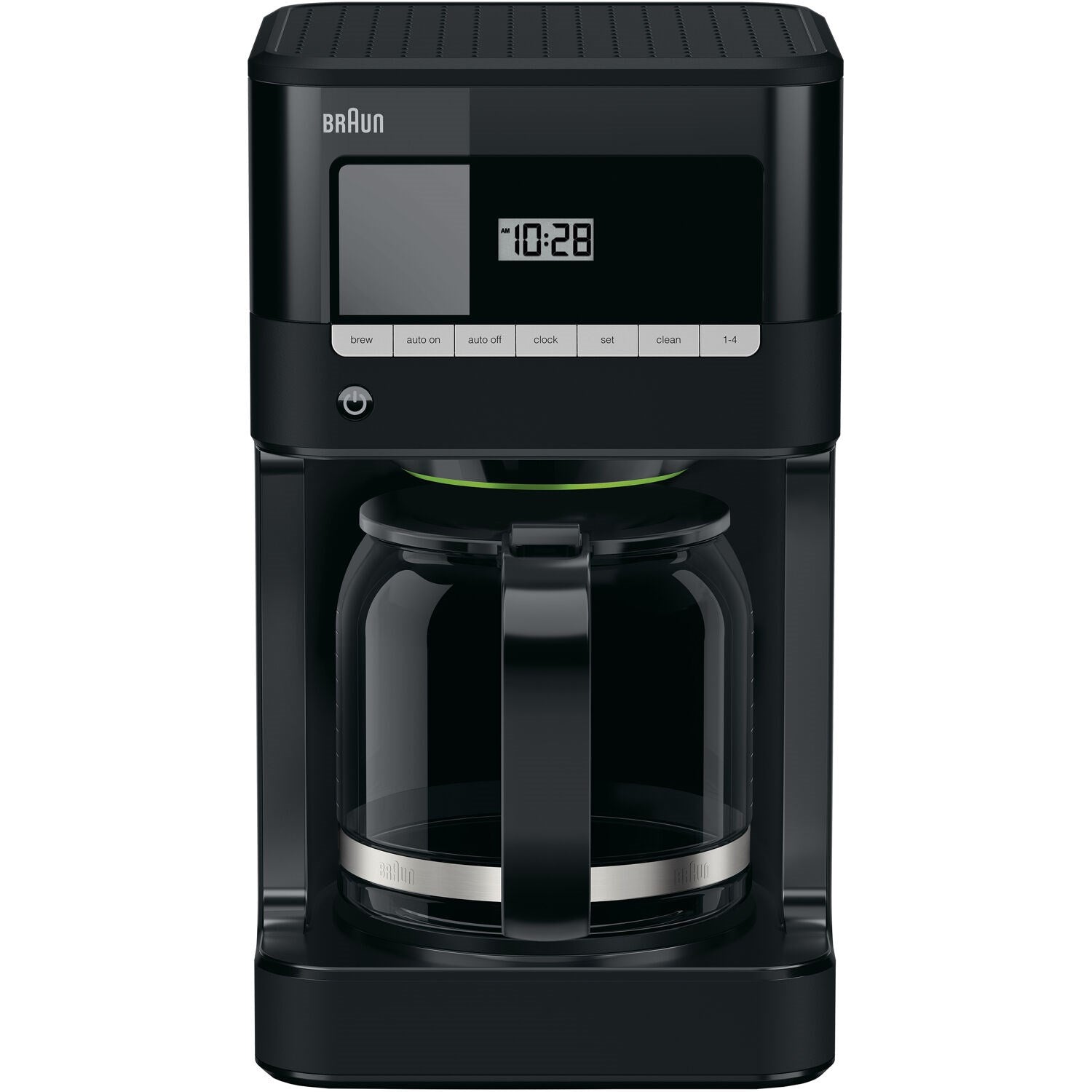 Black Braun 12-cup drip coffee maker with front control display and glass carafe