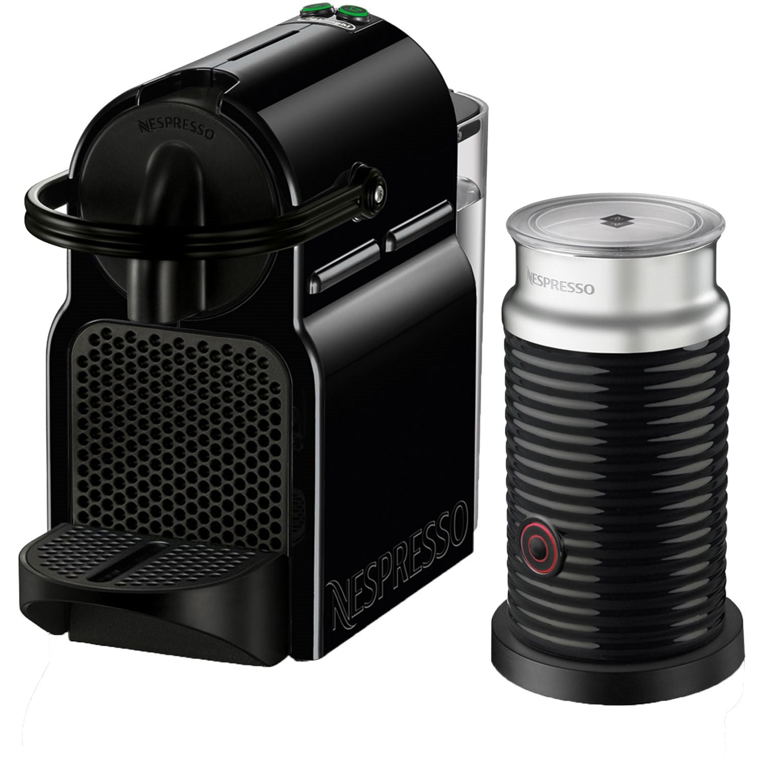 Black Nespresso espresso machine with Aeroccino frother, front angled view