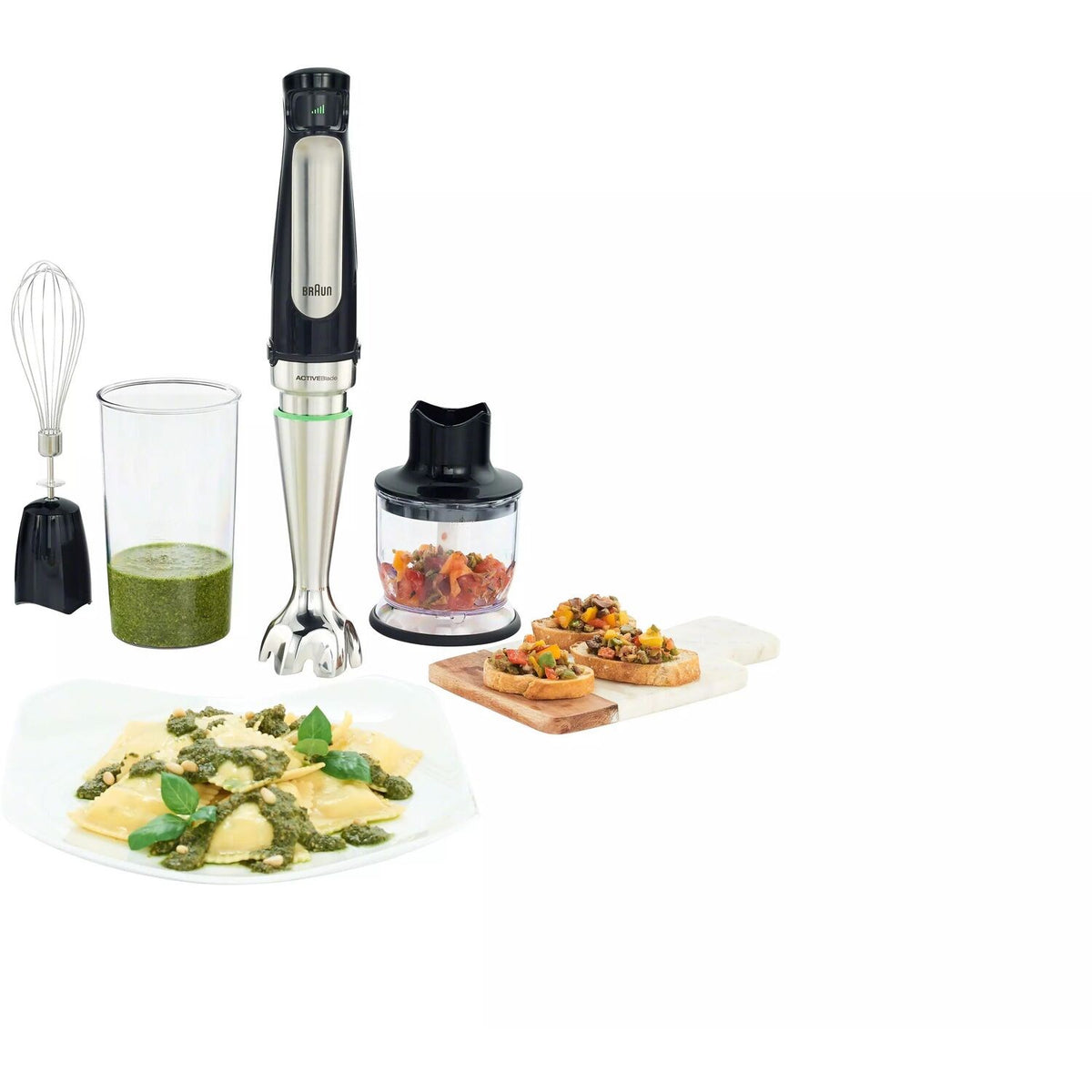 Braun hand blender kit with black base, whisk, chopper cup, and blending beaker