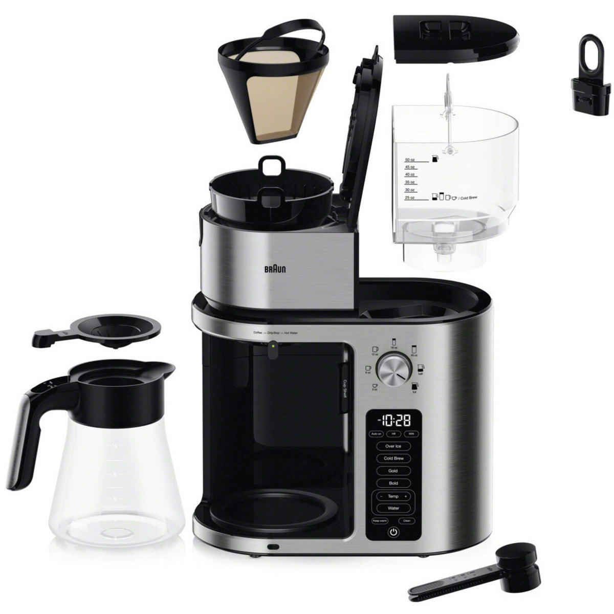 Braun coffee maker kit with glass carafe, filter basket, and brewing base