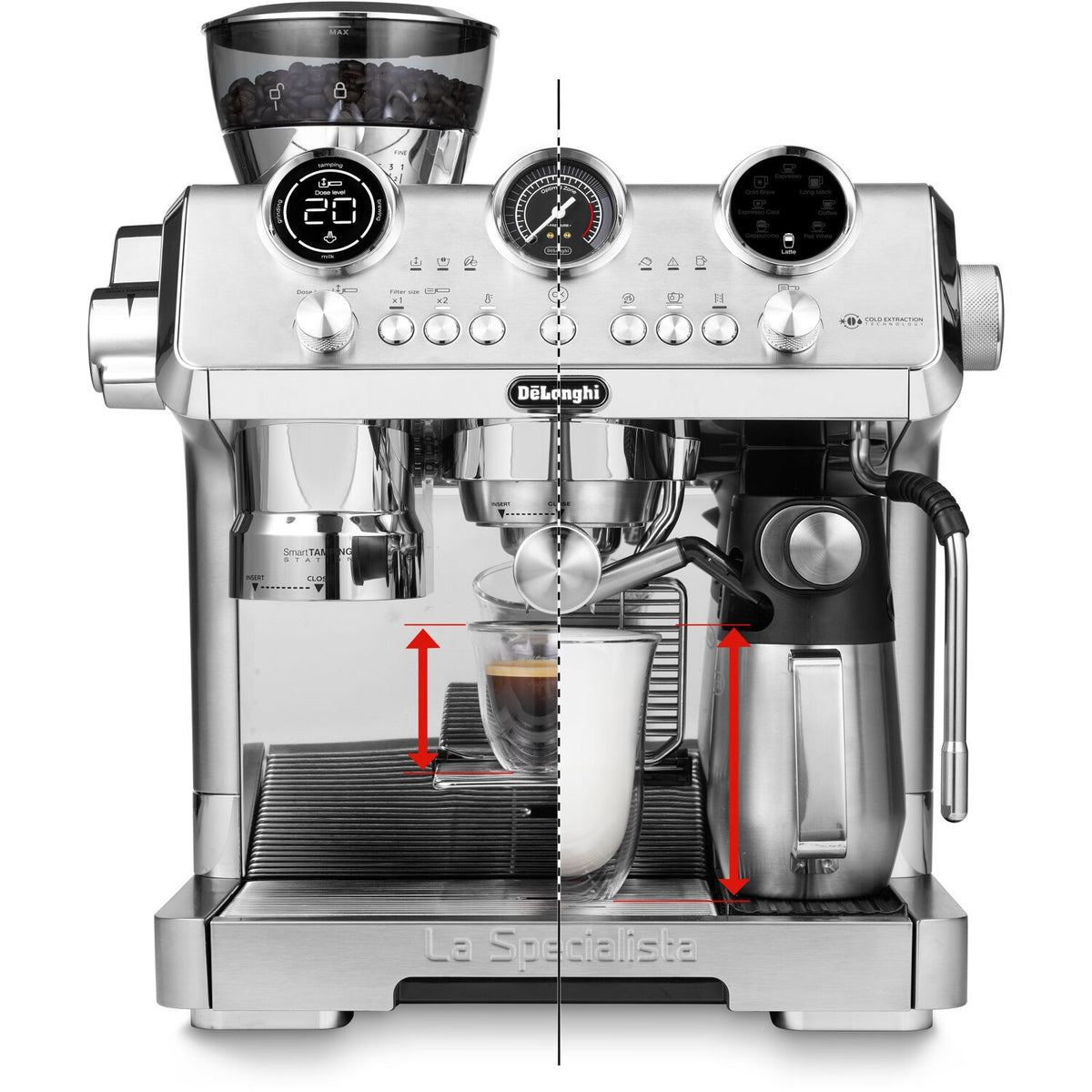 Stainless steel espresso machine cutaway view showing coffee and milk pathways