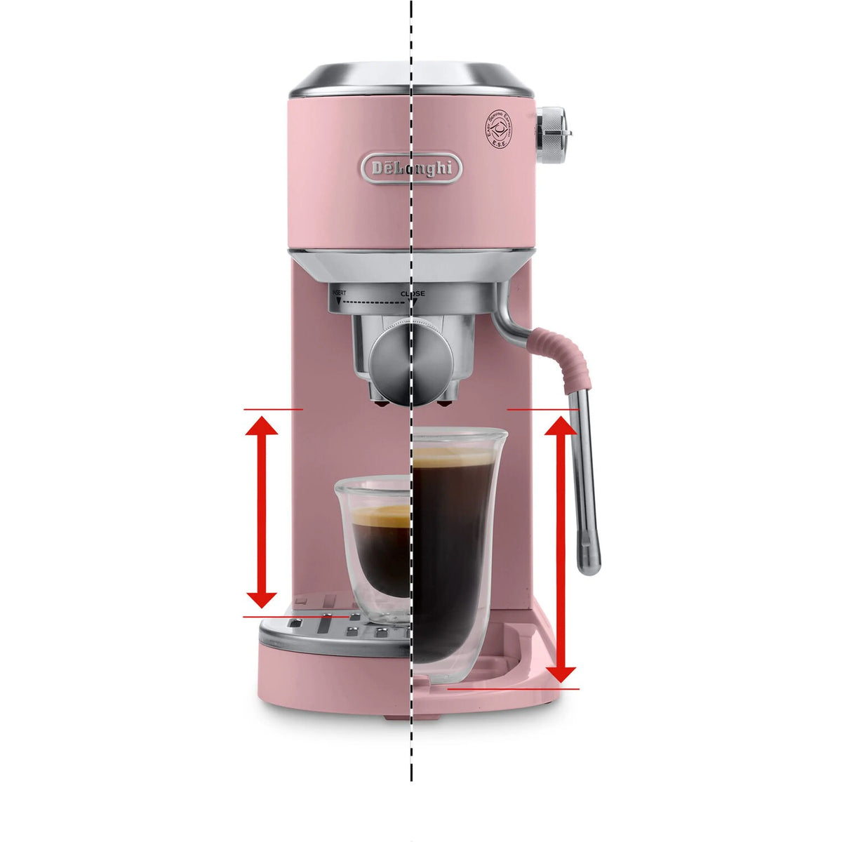 Pink De'Longhi espresso machine with frothing wand and vertical sizing arrows diagram