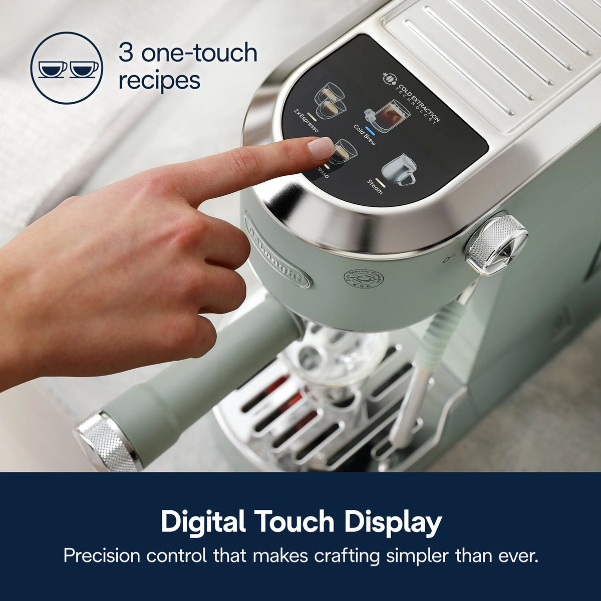 Green De'Longhi espresso machine with digital touch display and one-touch recipe icons