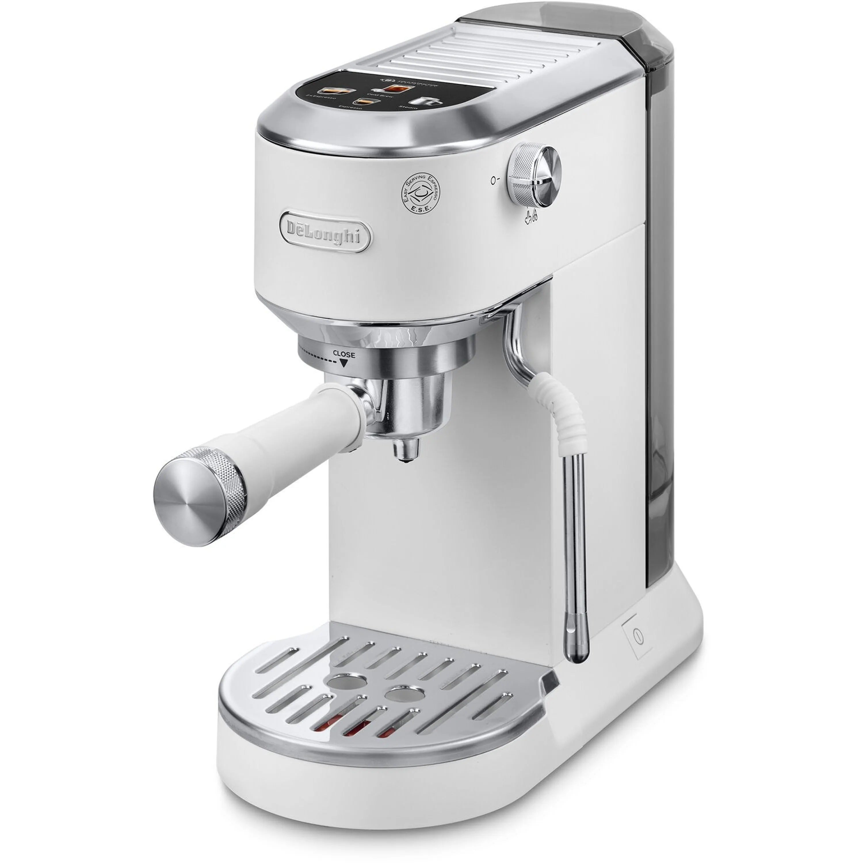 De'Longhi pump espresso machine in white with steam wand and drip tray