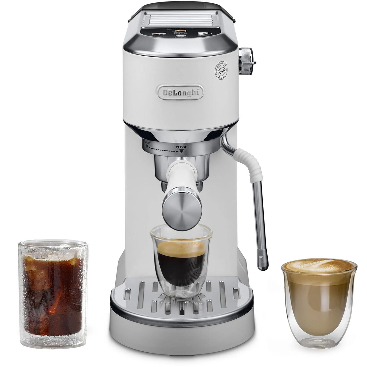 Espresso machine with two drinks shown: iced coffee in glass and light latte in cup