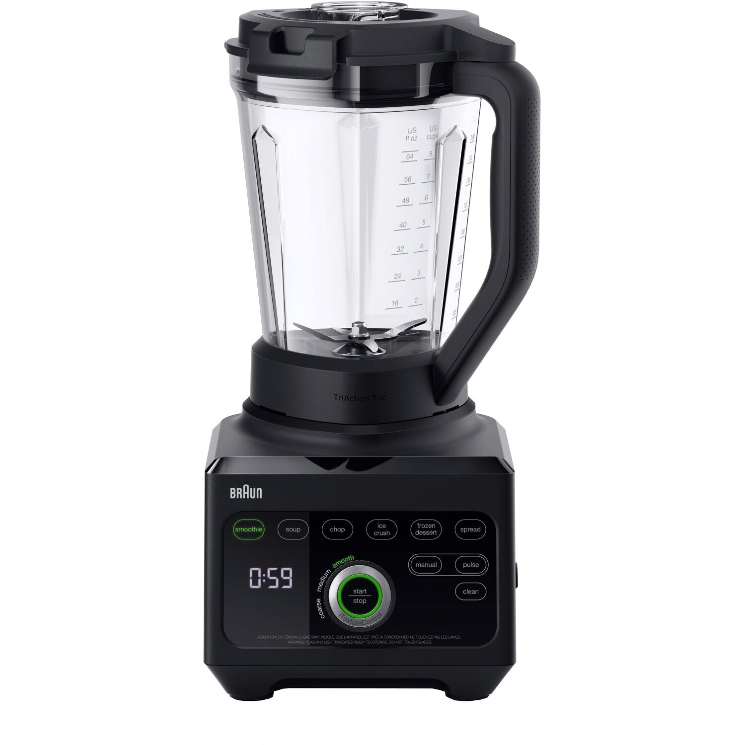 Black countertop blender base with control display and clear blending jar