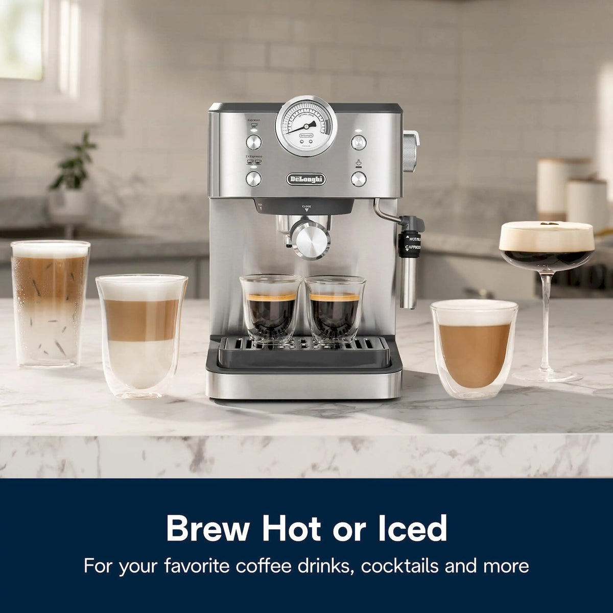 Automatic espresso machine on countertop with multiple prepared coffee drinks in cups.