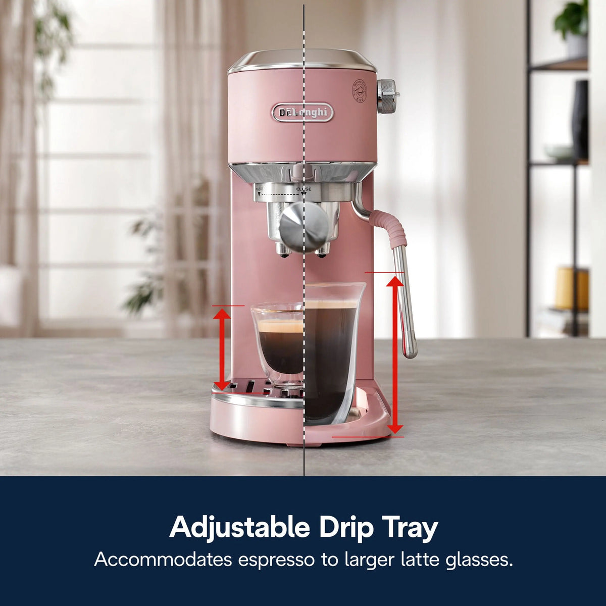 Pink De'Longhi espresso machine front view with frothing wand and height arrows
