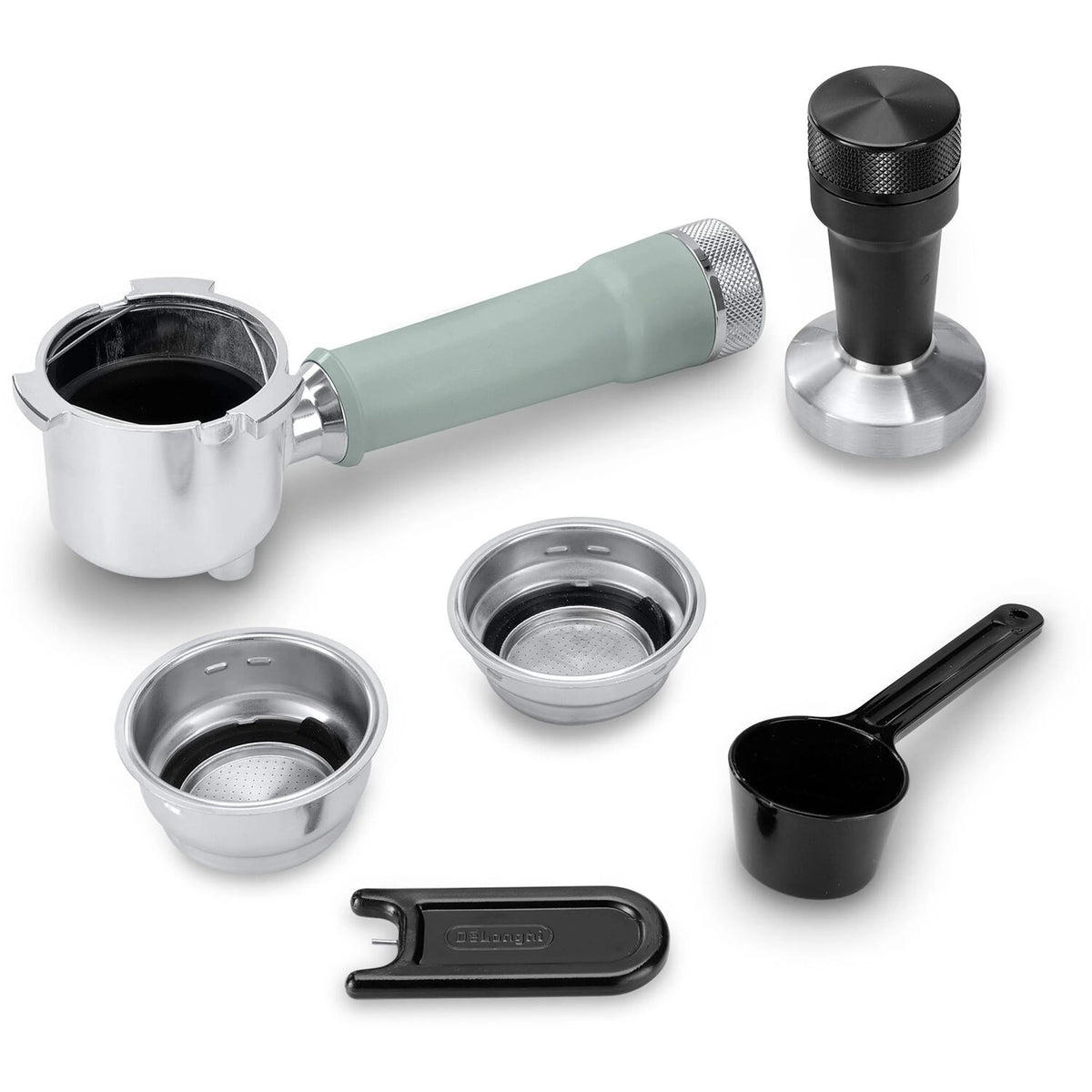 Espresso machine accessories: portafilter, tamper, filter baskets, cleaning tool, scoop