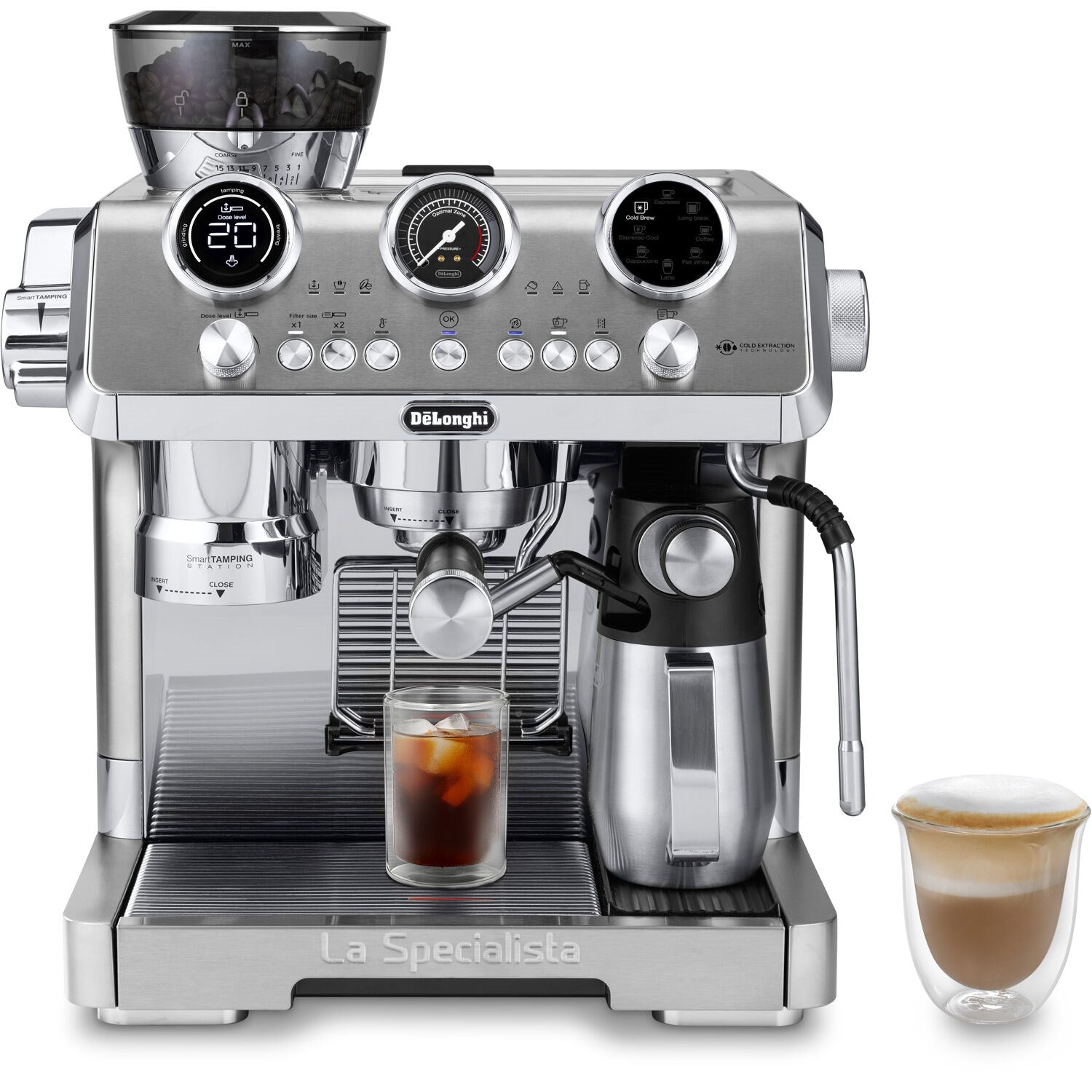 Stainless steel espresso machine with front control panel and milk frothing system, with cups