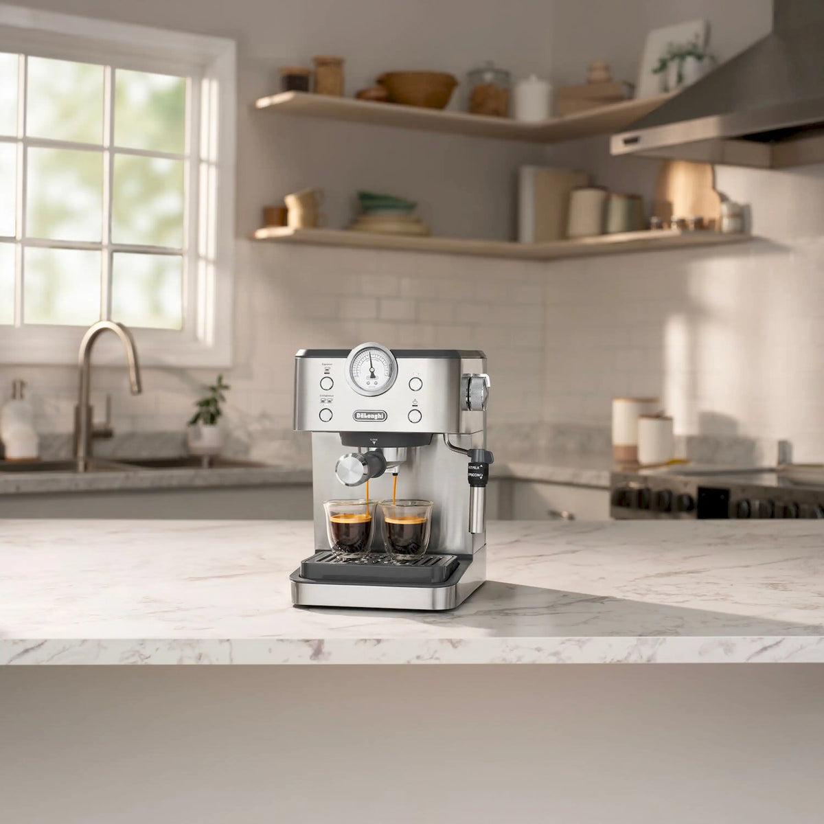 Automatic espresso machine on kitchen counter with frothing wand and cup in front