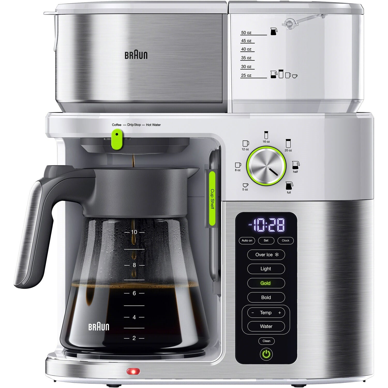 Stainless steel and white Braun coffee maker base with control dial and digital display