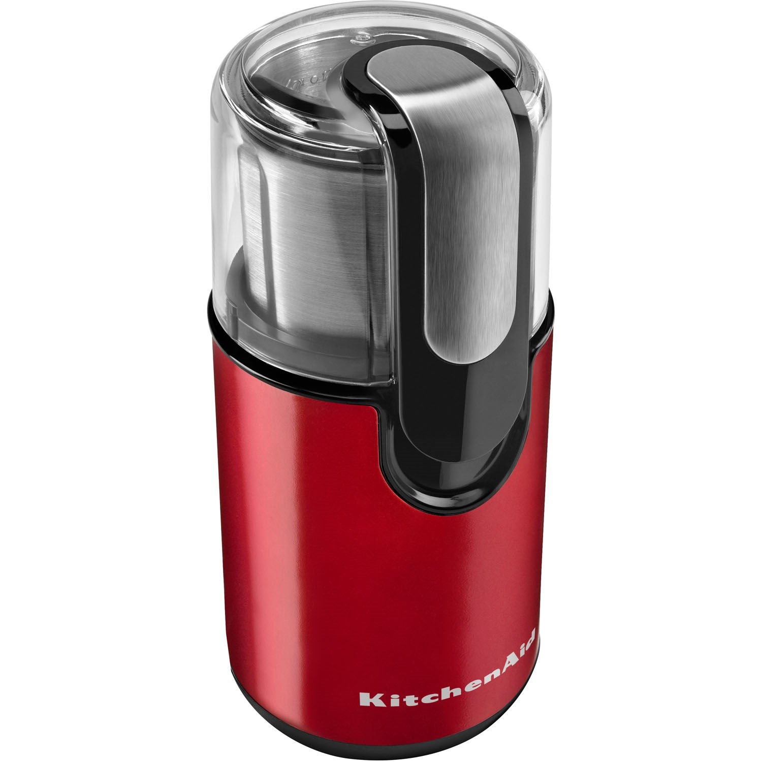 Red KitchenAid blade coffee grinder with transparent chamber, stainless top and black trim