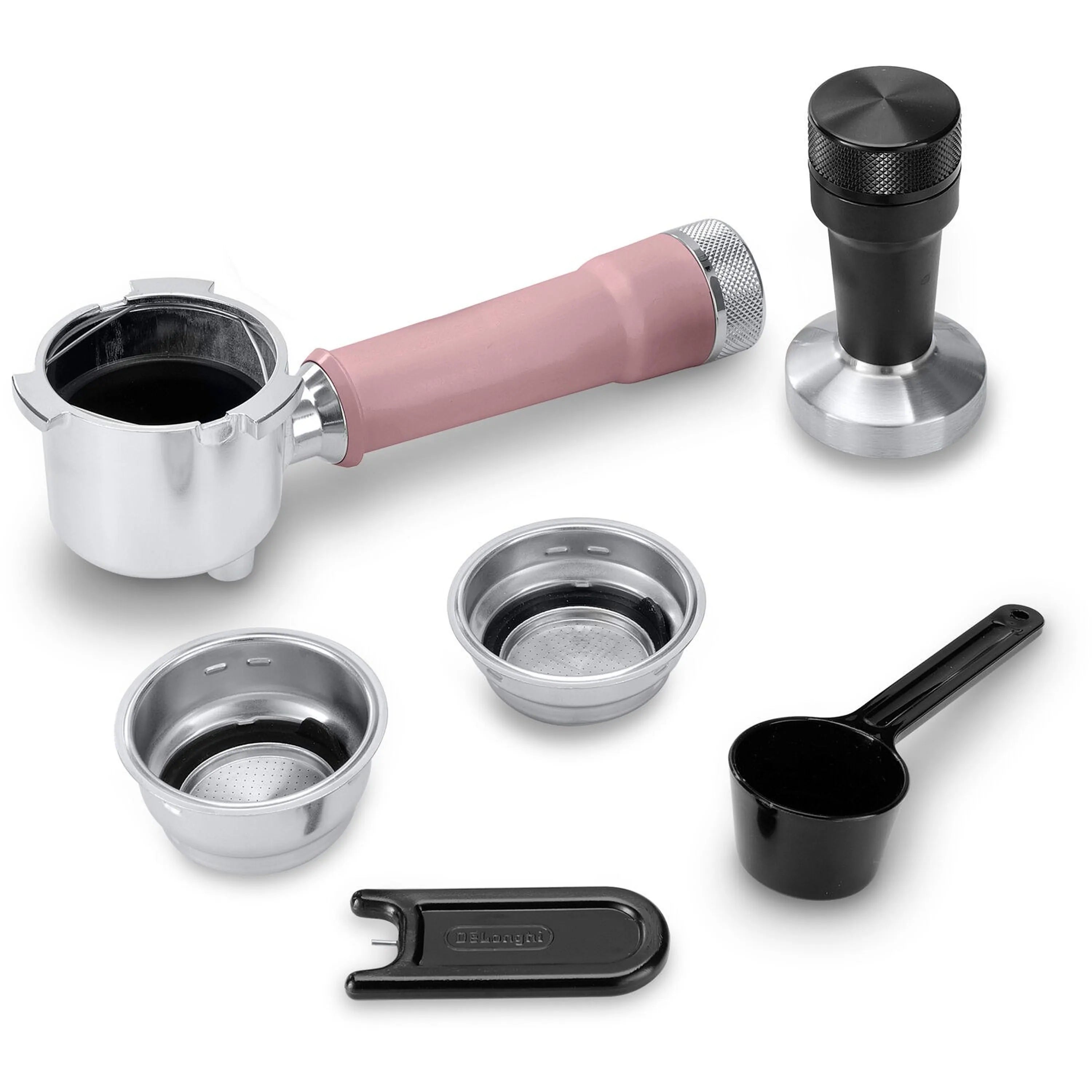 Espresso accessories set: portafilter, filters, tamper, and cleaning scoop