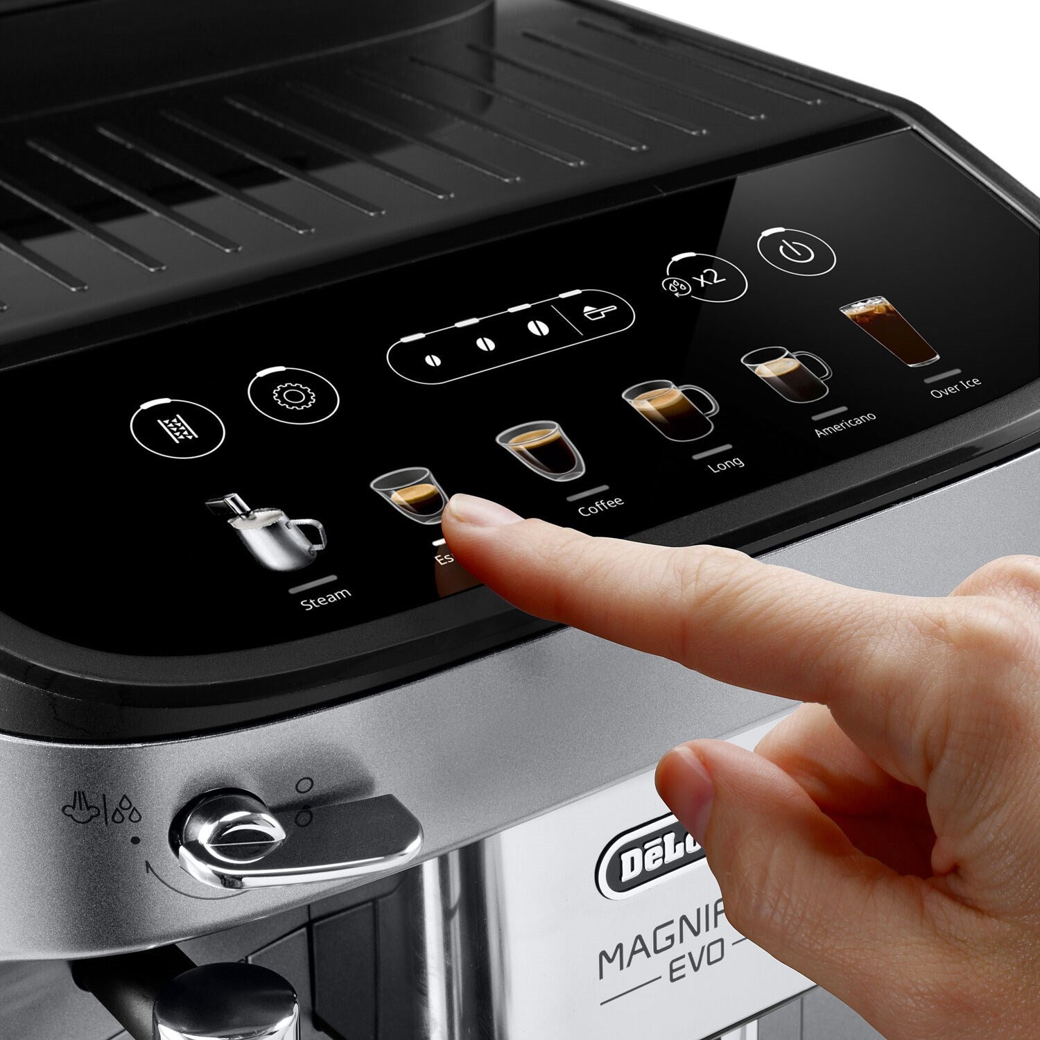 De'Longhi Magnifica Evo coffee machine top control panel with icons and finger