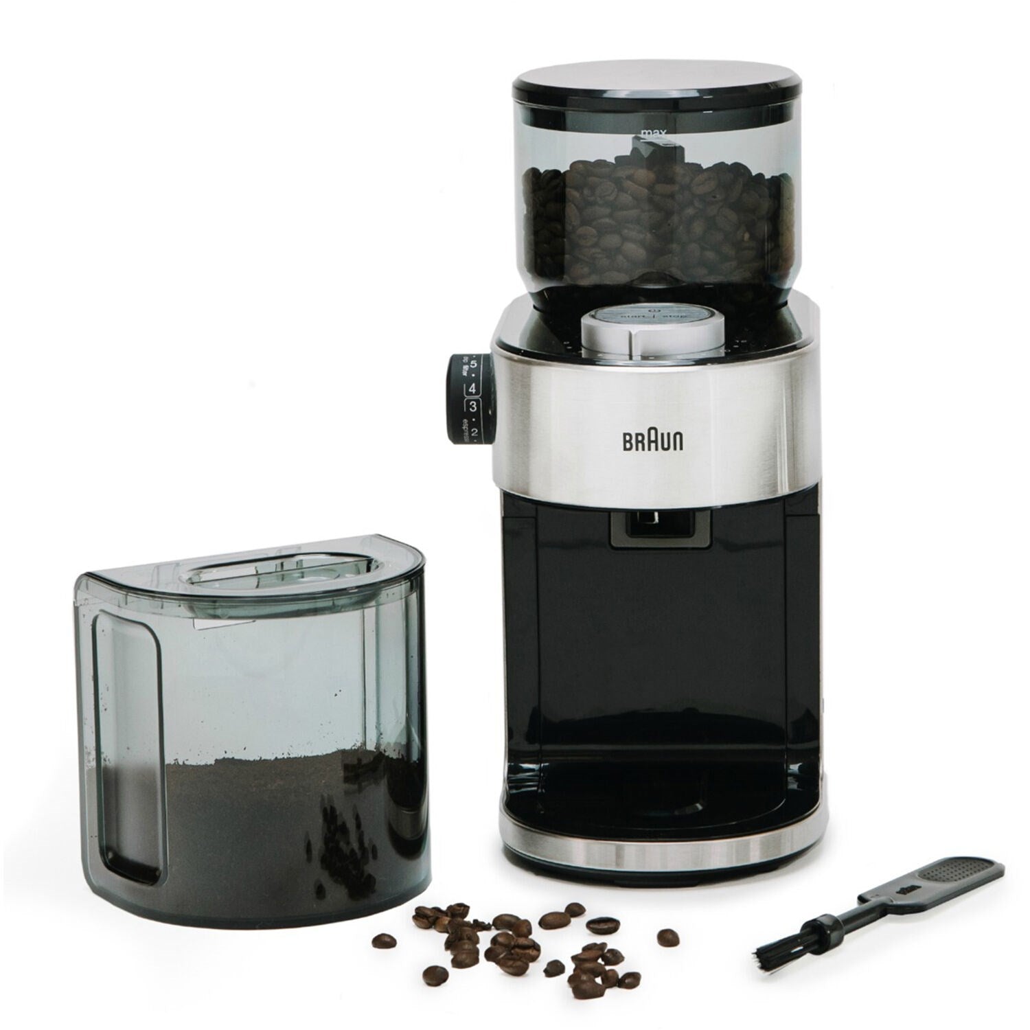 Stainless burr coffee grinder with removable container and black power base