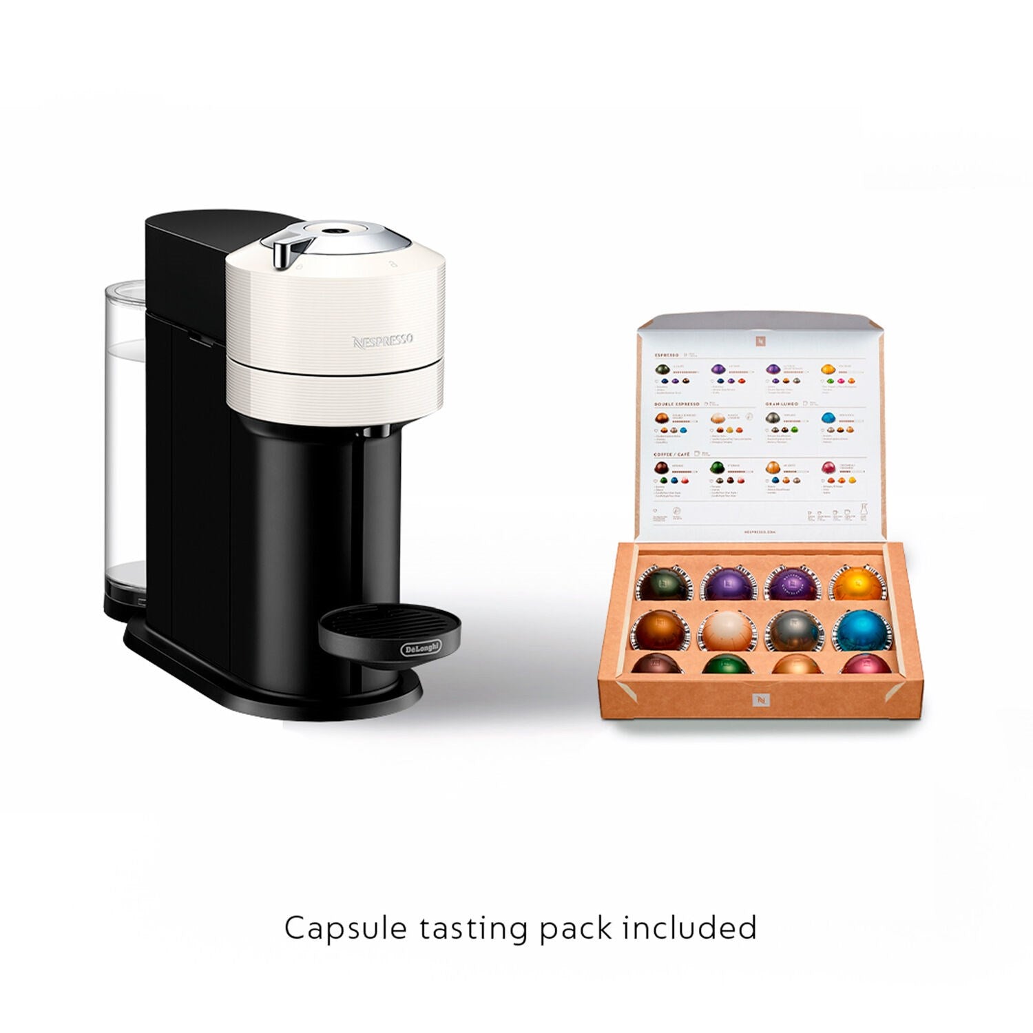 White Vertuo Next coffee machine with Aeroccino milk frother and tasting capsule pack