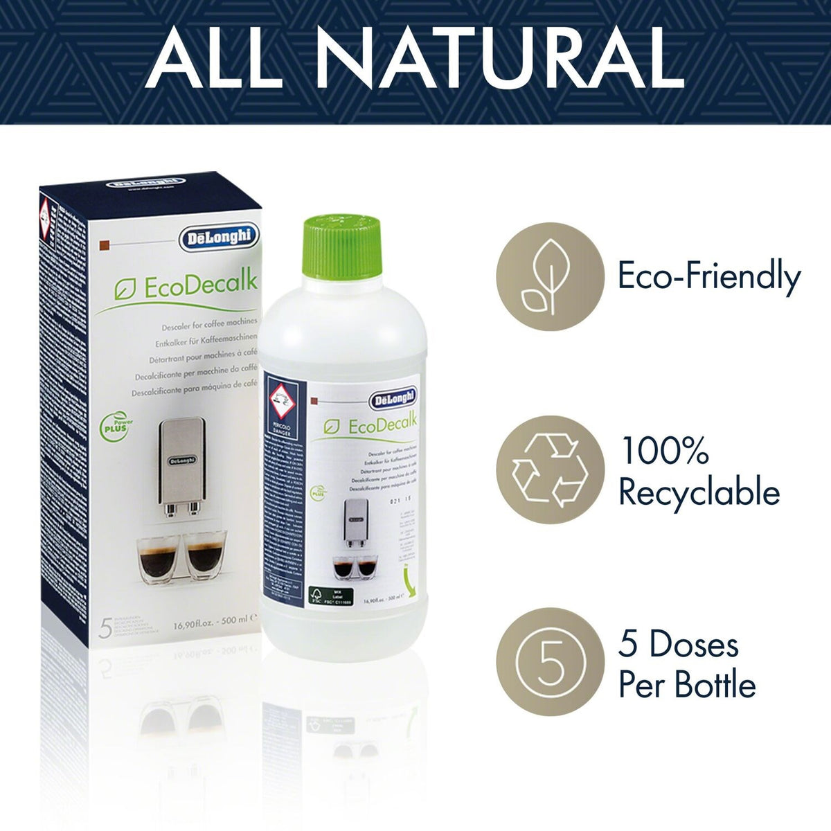 De'Longhi EcoDecalk descaler bottle with green cap next to product box, 500 ml.