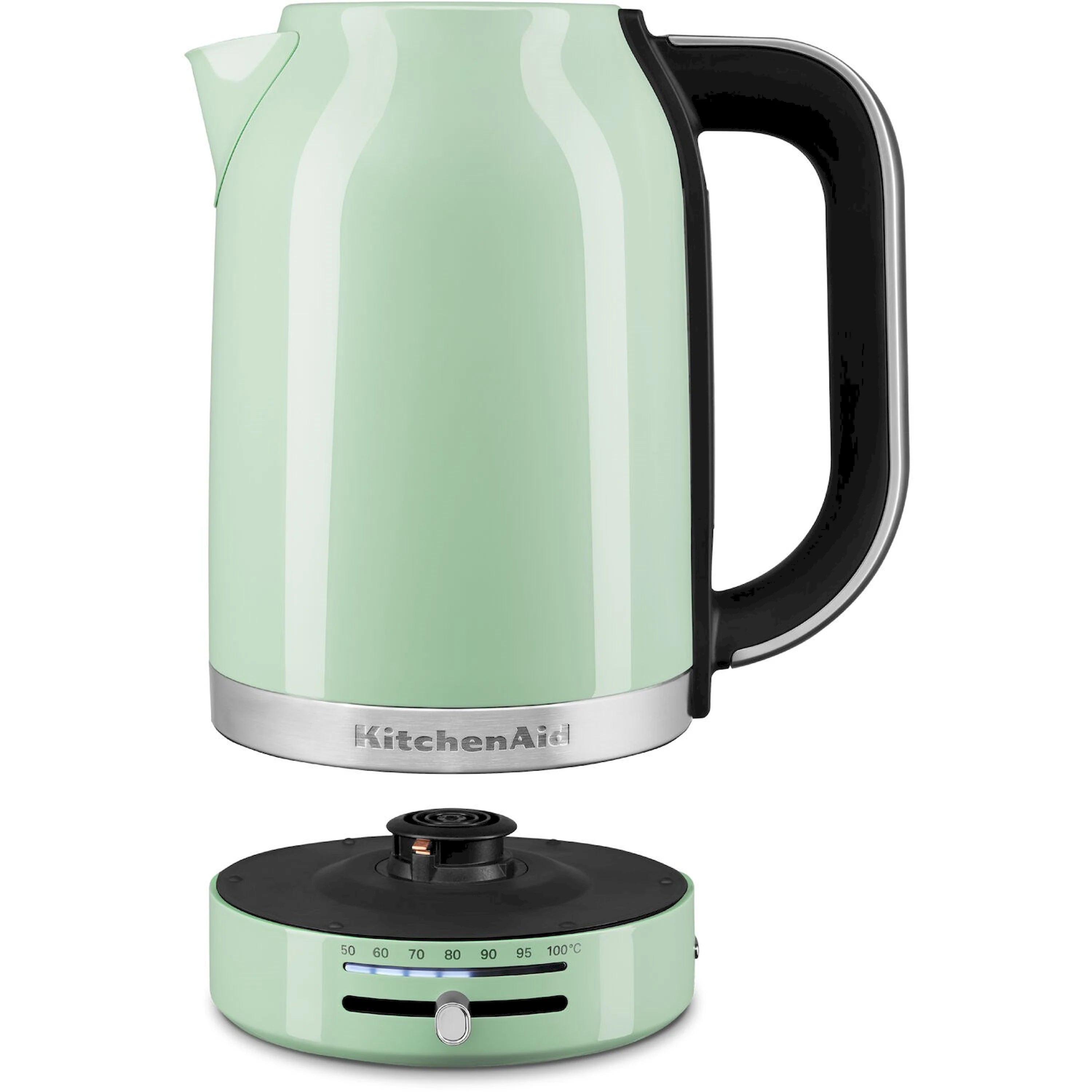 Pistachio green electric kettle with black handle and stainless base