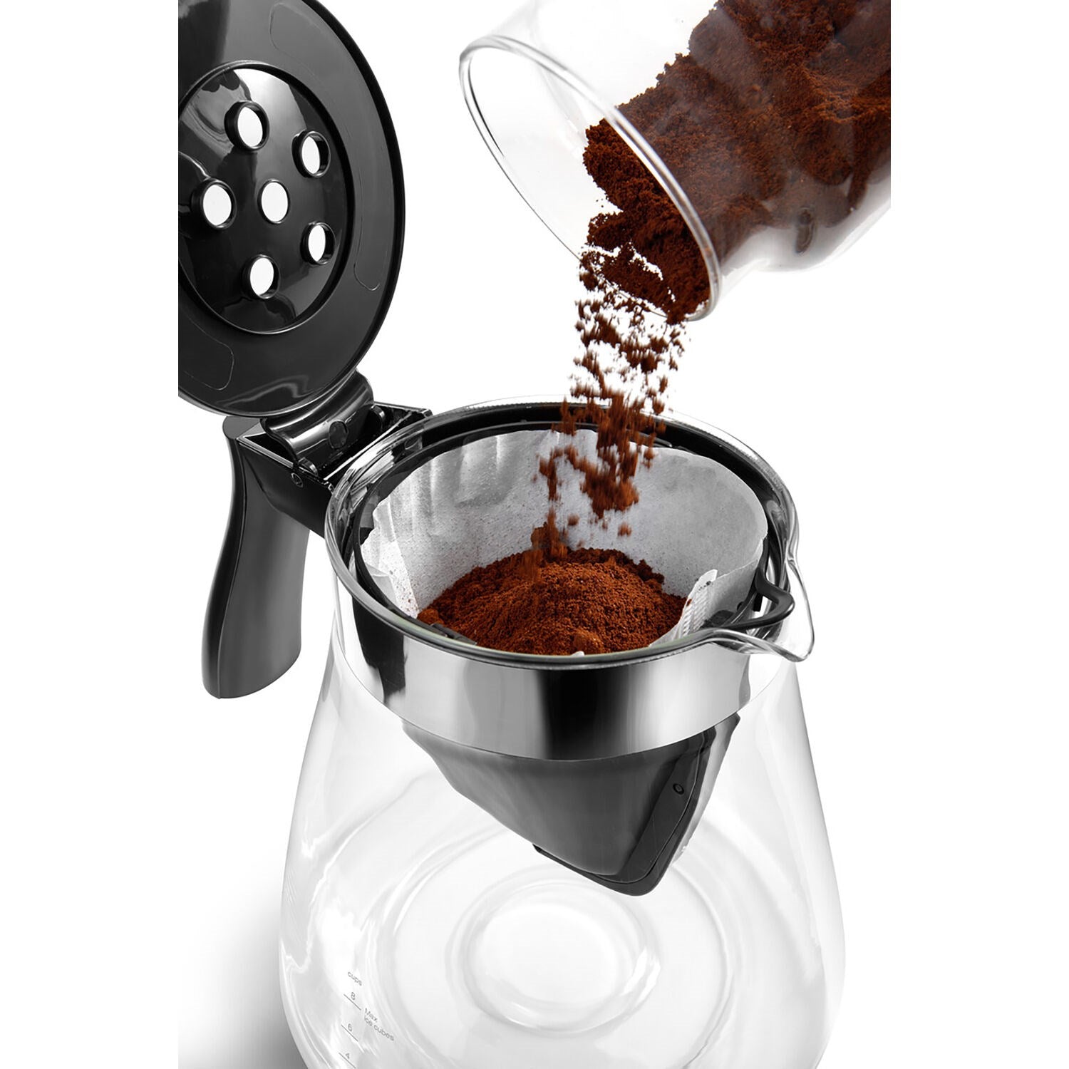 Removable filter basket for 3-in-1 coffee brewer holding ground coffee