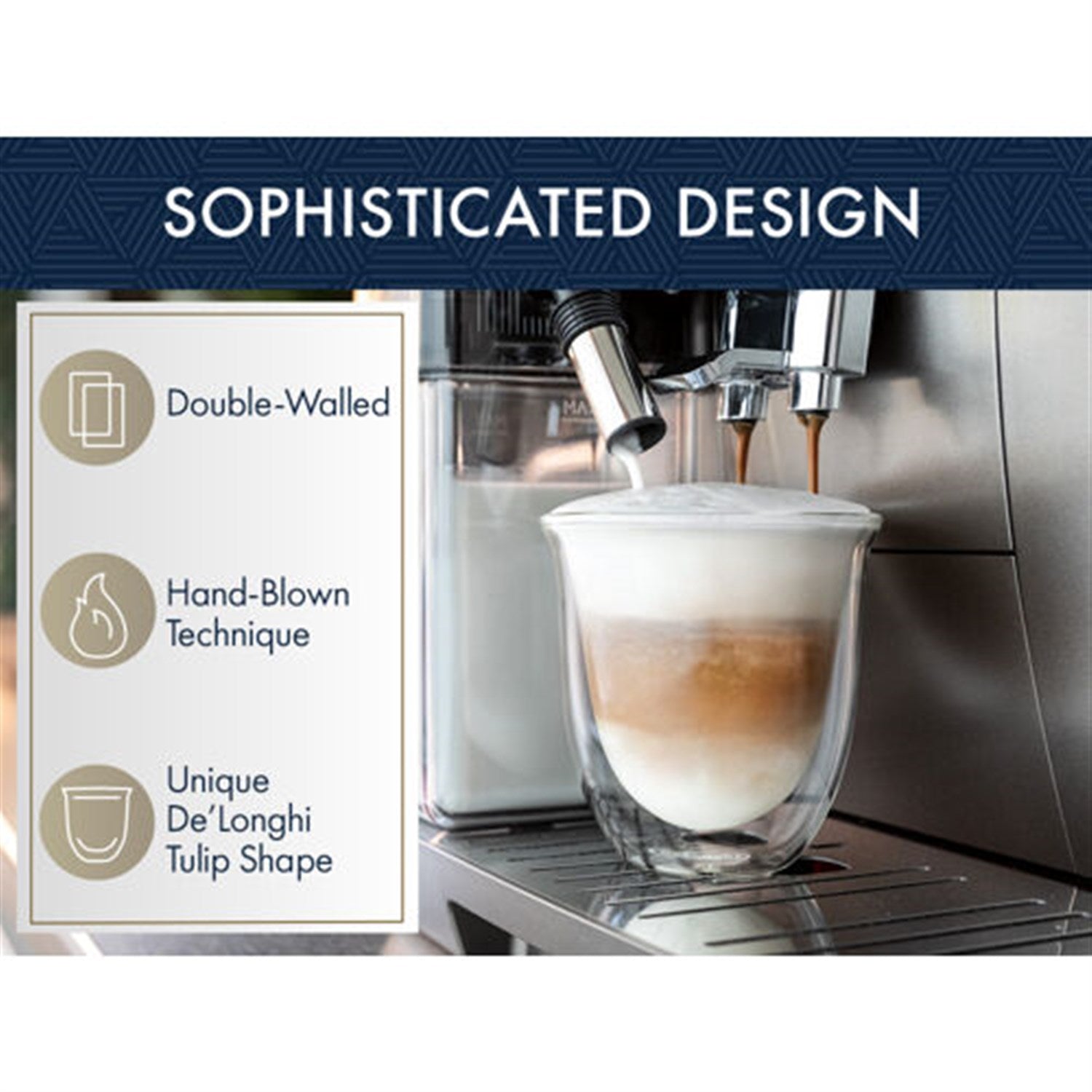Double-wall clear glass cappuccino cup with espresso pour, design shown with icons