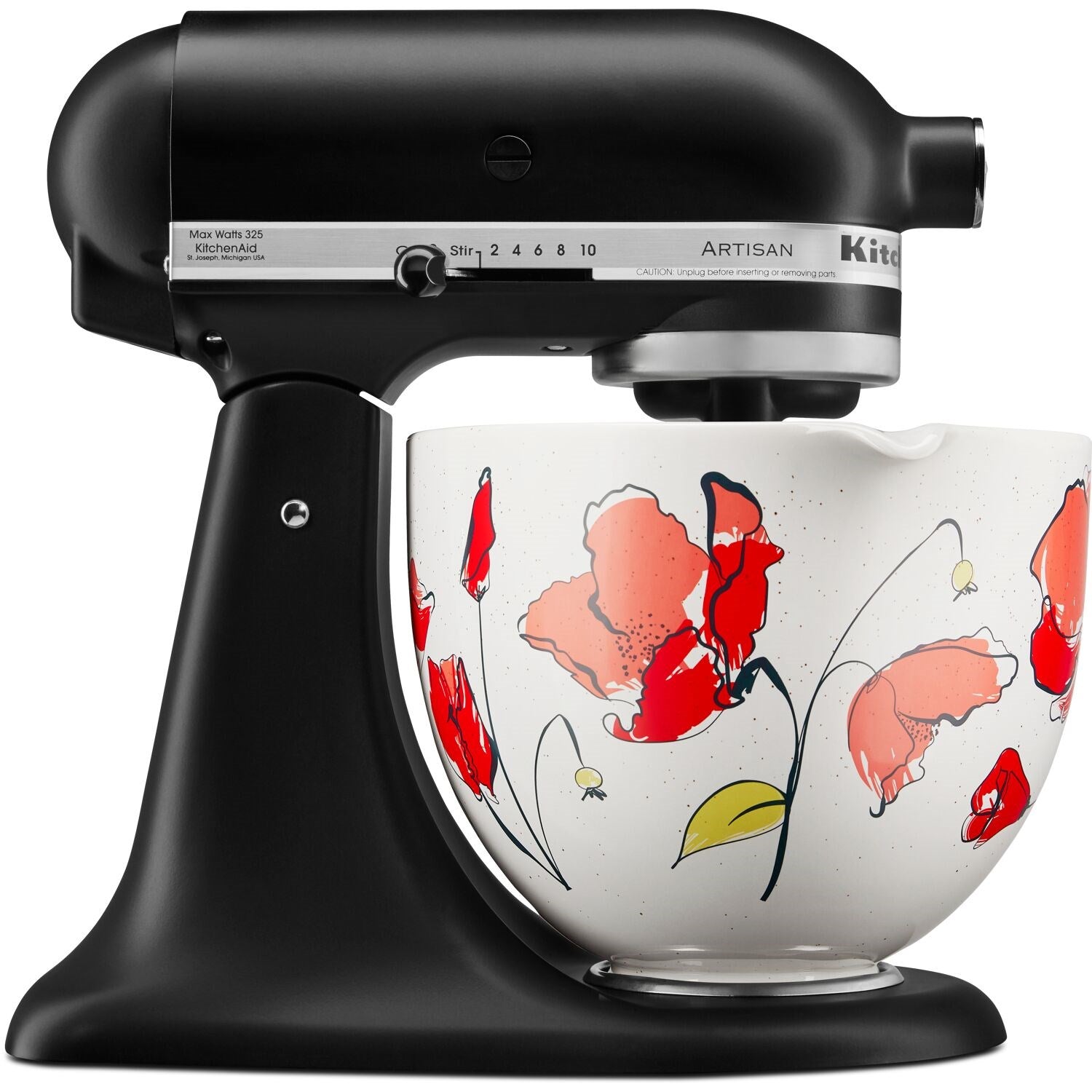 Ceramic bowl on a black stand mixer, white with red poppy floral pattern