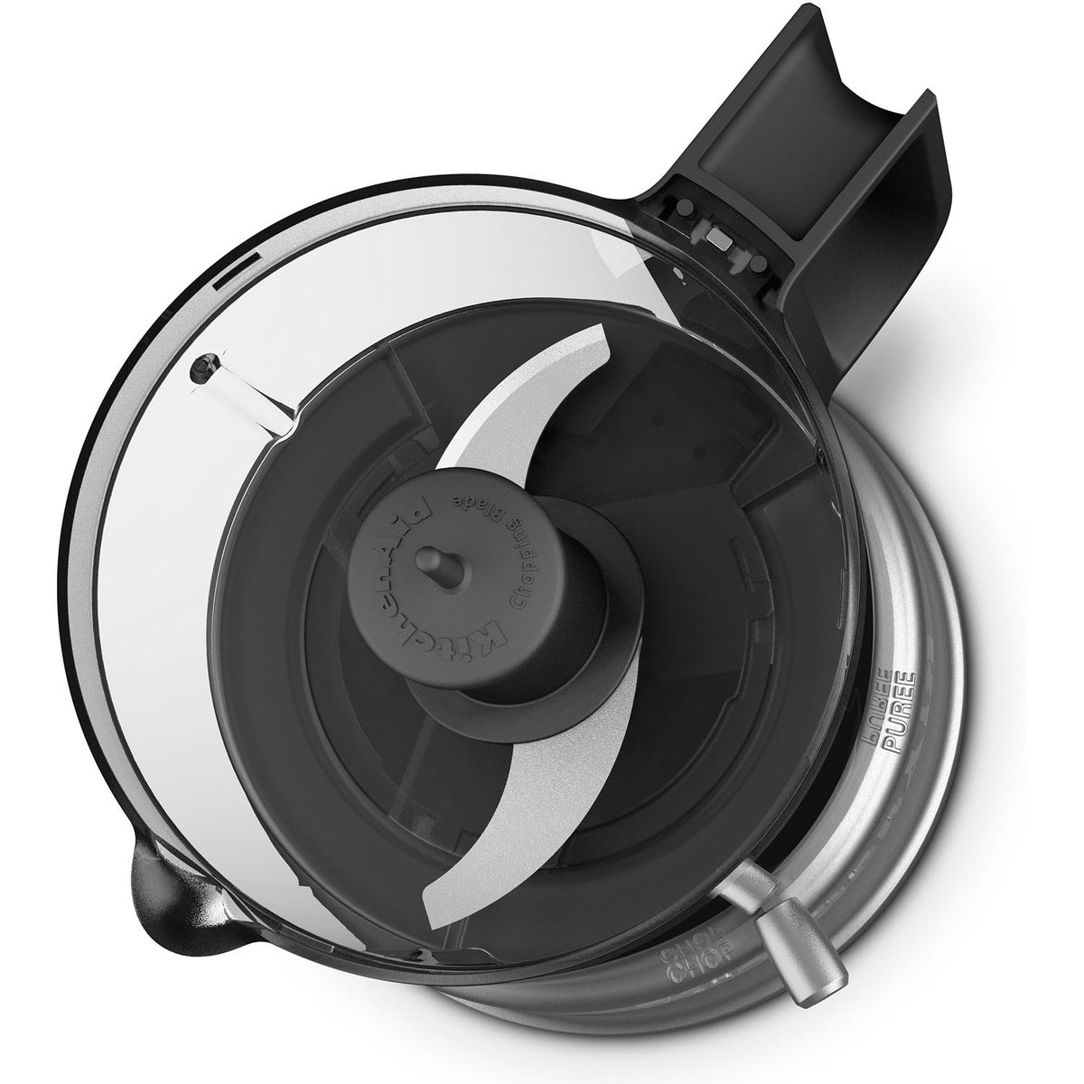 KitchenAid 3.5 cup chopper blade inside clear bowl with black center piece and handle
