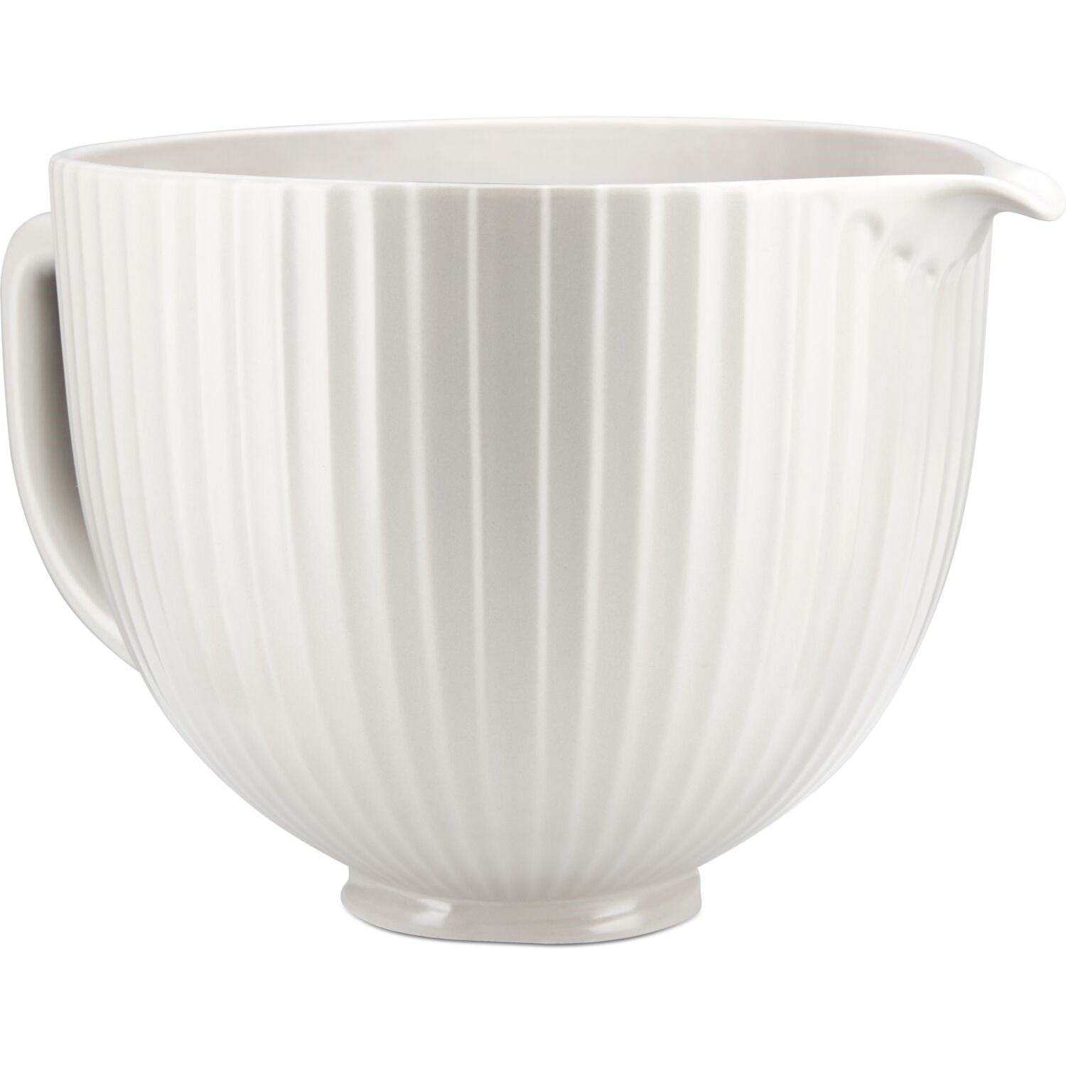 White ceramic mixing bowl with ribbed sides and curved handle, pouring lip