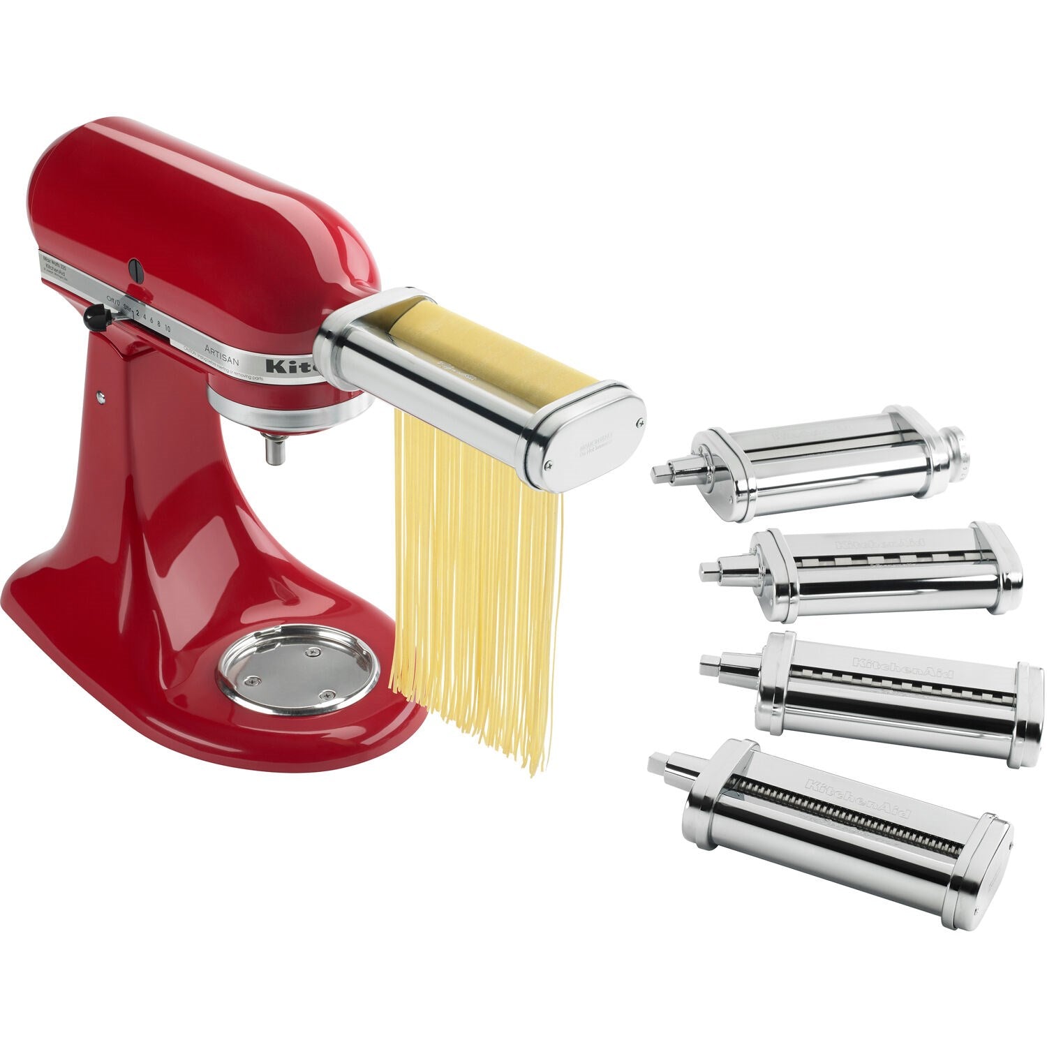 Red stand mixer with gold noodle extruder and stainless-steel pasta cutters