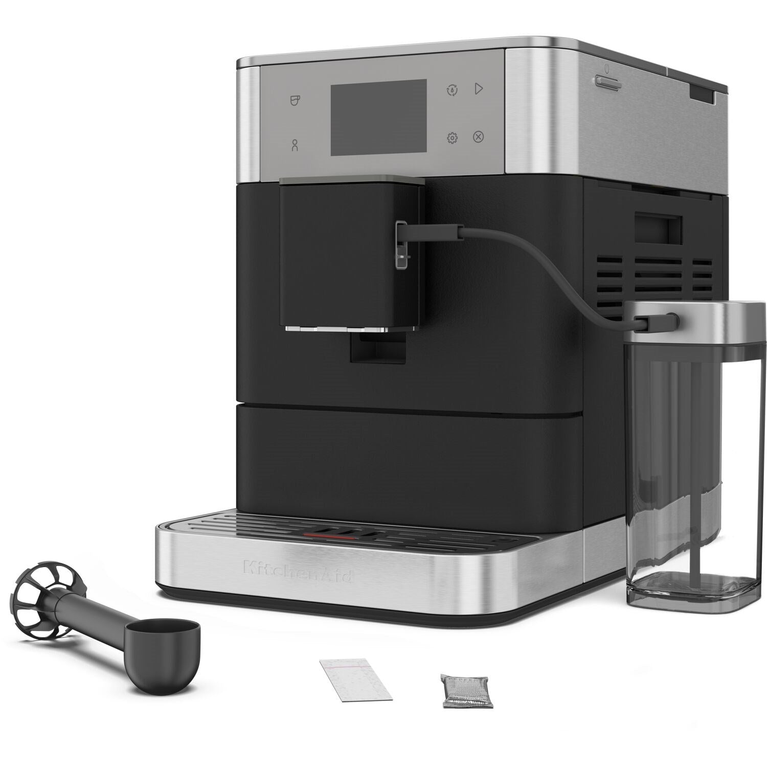 Black and silver fully automatic espresso machine with side milk container and drip tray
