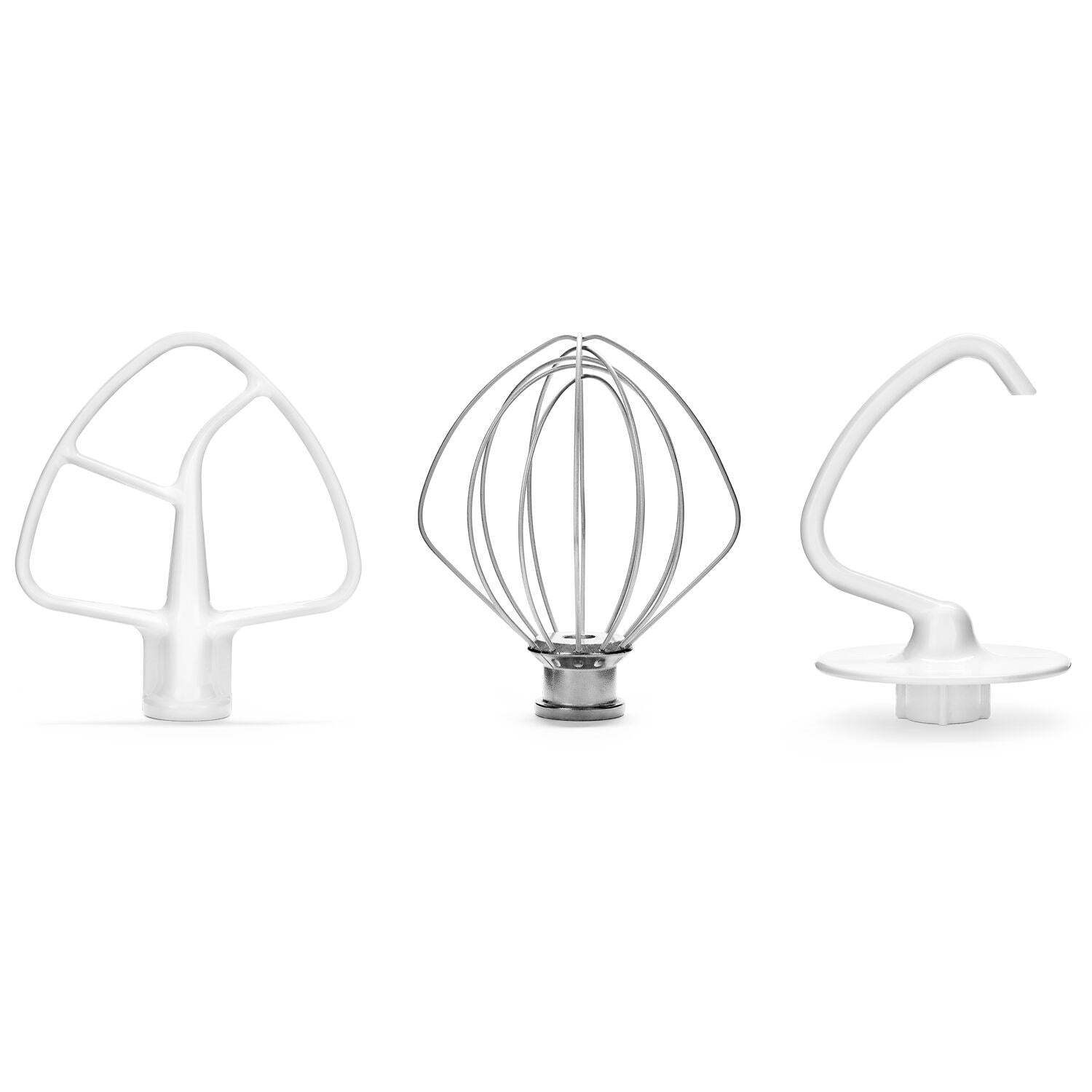 White stand mixer attachment set with wire whisk, dough hook, and paddle