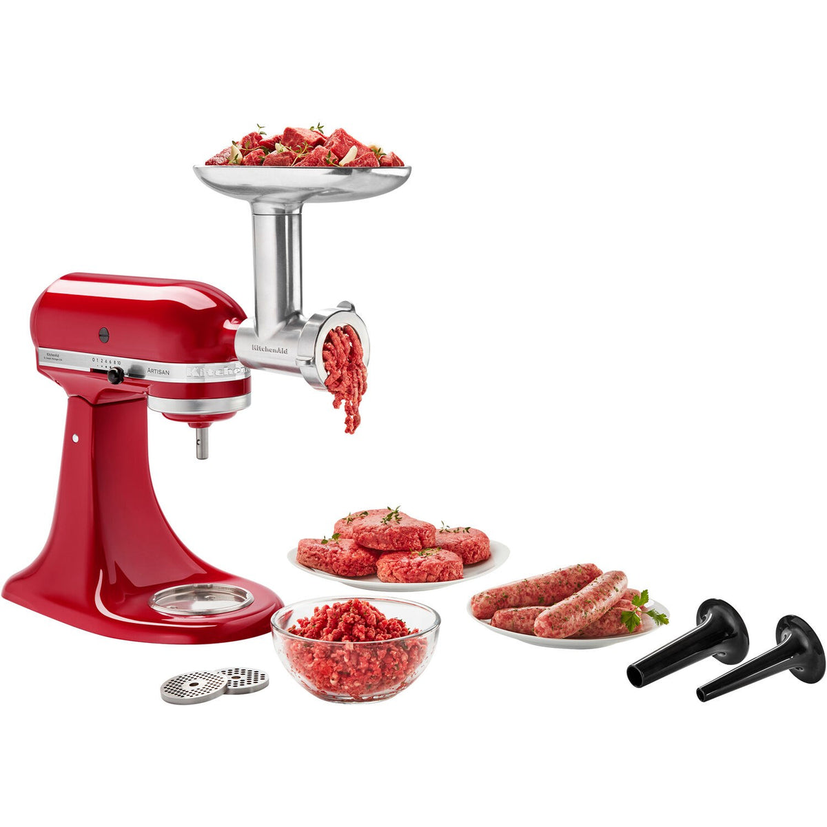 Red metal meat grinder attachment on stand mixer with stuffing tools and parts