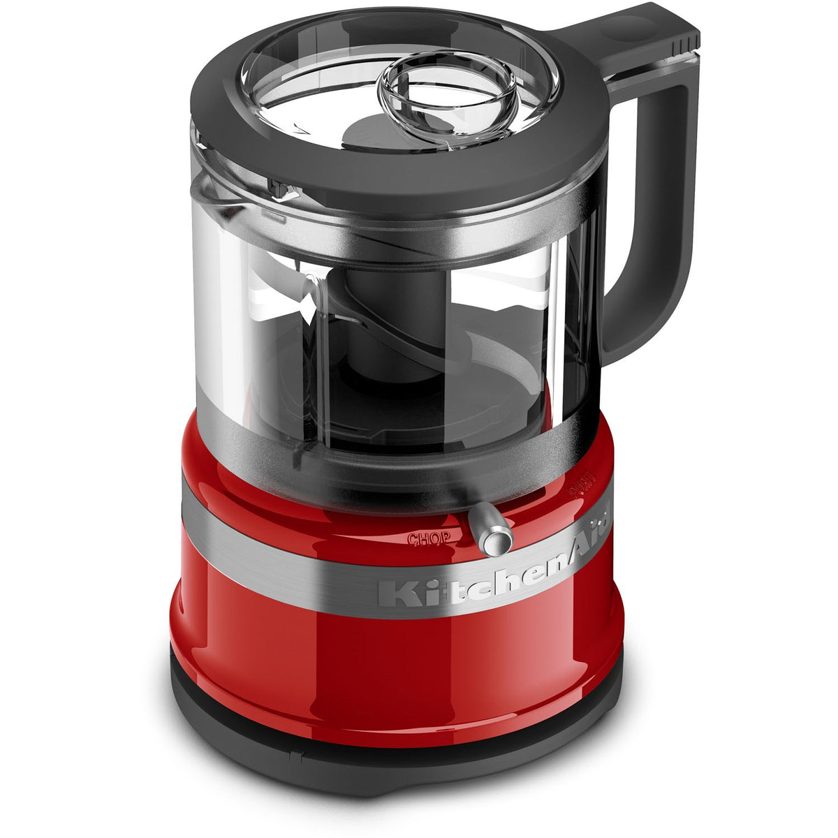 KitchenAid food chopper with clear bowl and black blade inside; Empire Red base
