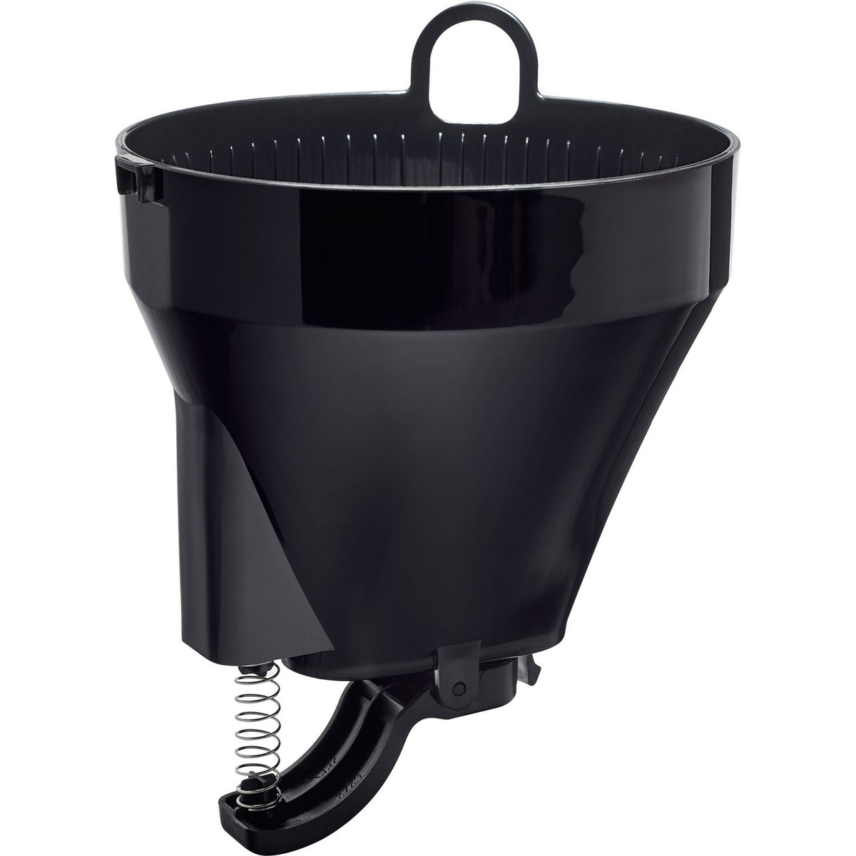 Black coffee filter funnel holder with drip spout and spring