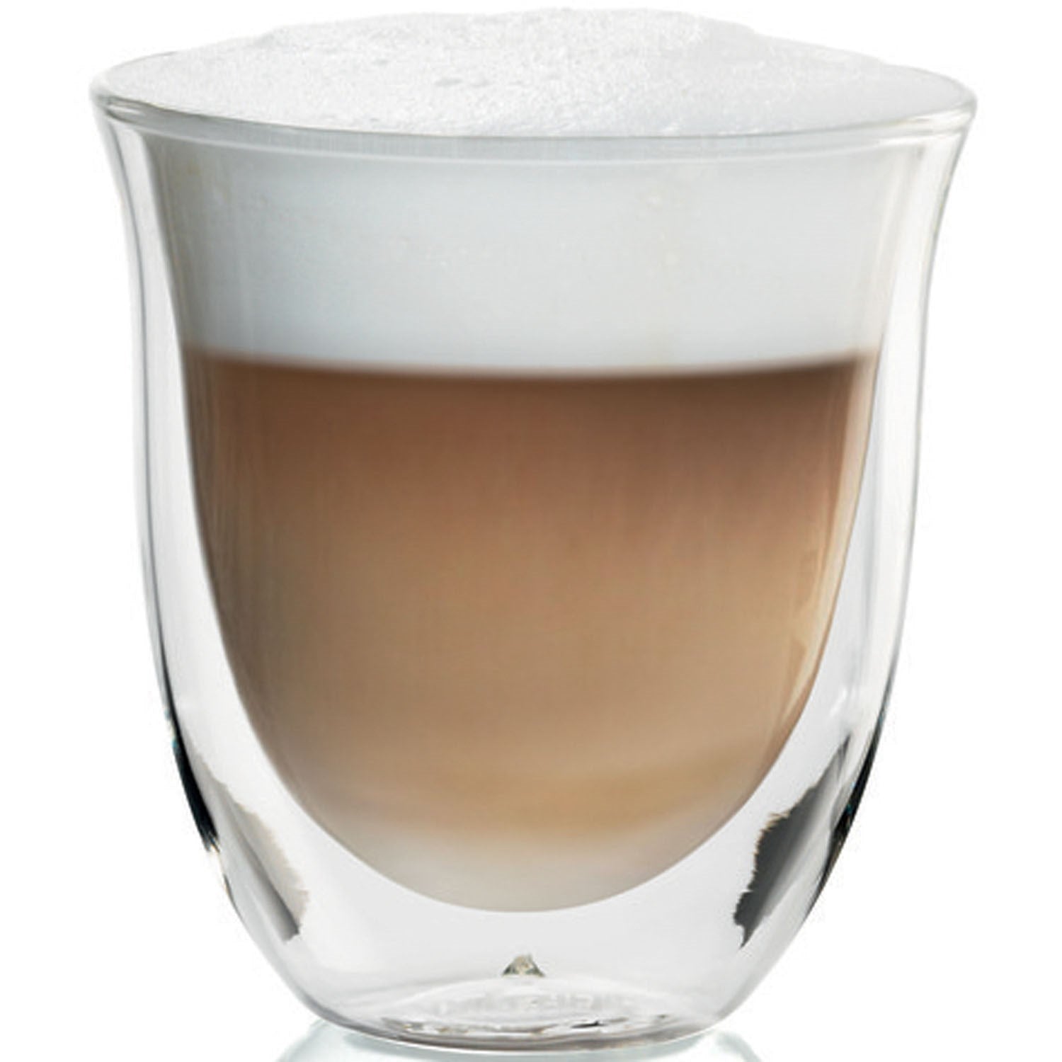 Clear cappuccino glass filled with coffee and foam, flared rim