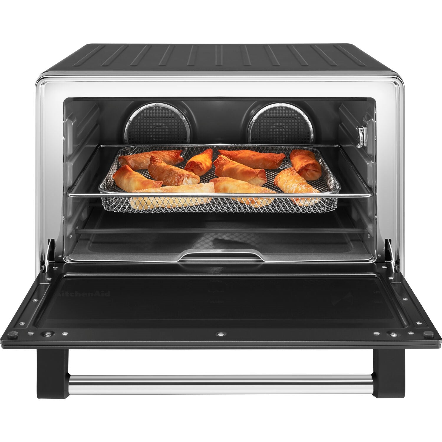 Black countertop oven with open door, interior racks, and mesh air-fry basket