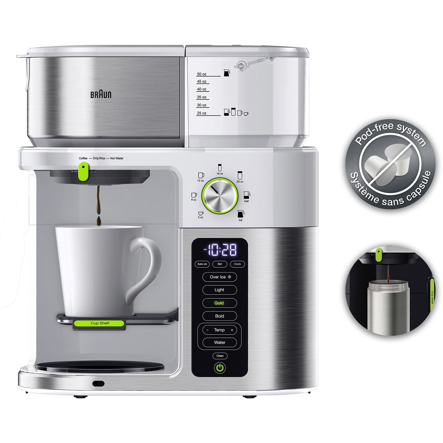 Stainless steel and white multi-serve coffee system showing heating and brewing mechanism