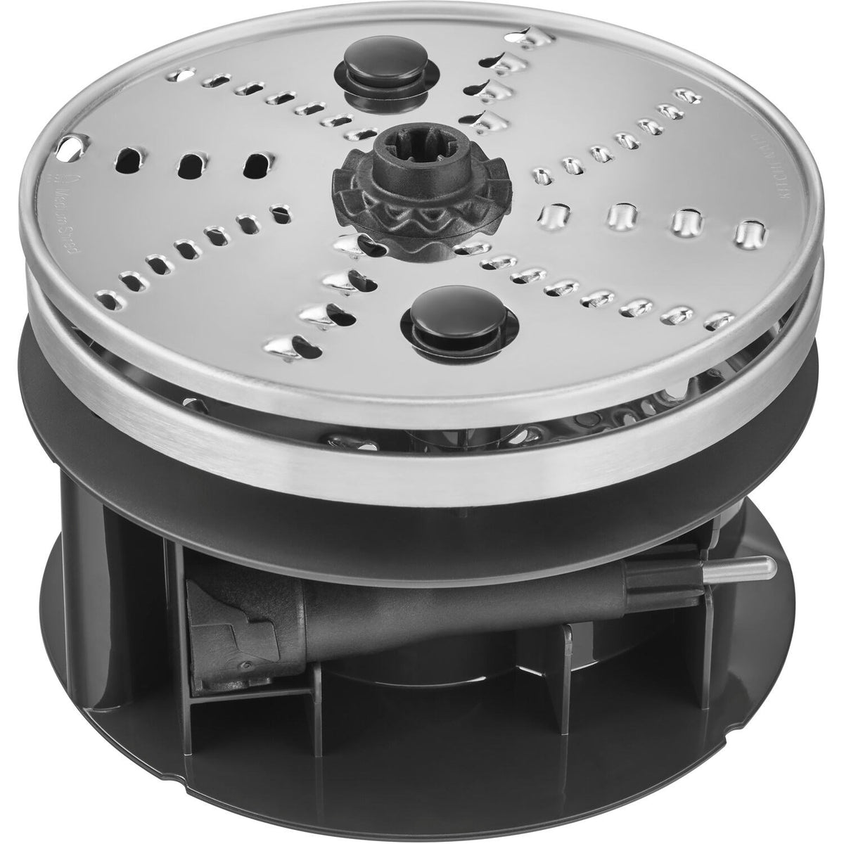 Slicing/shredding disc with perforations and center hub on a silver plate