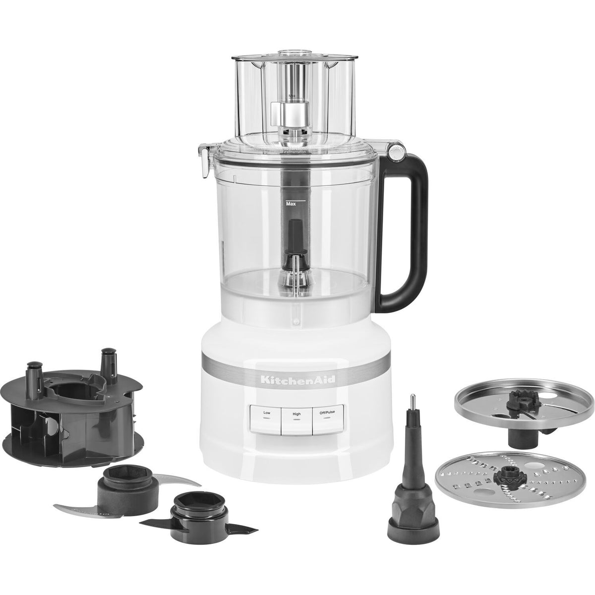 KitchenAid white food processor with clear bowl plus included black attachments and blades