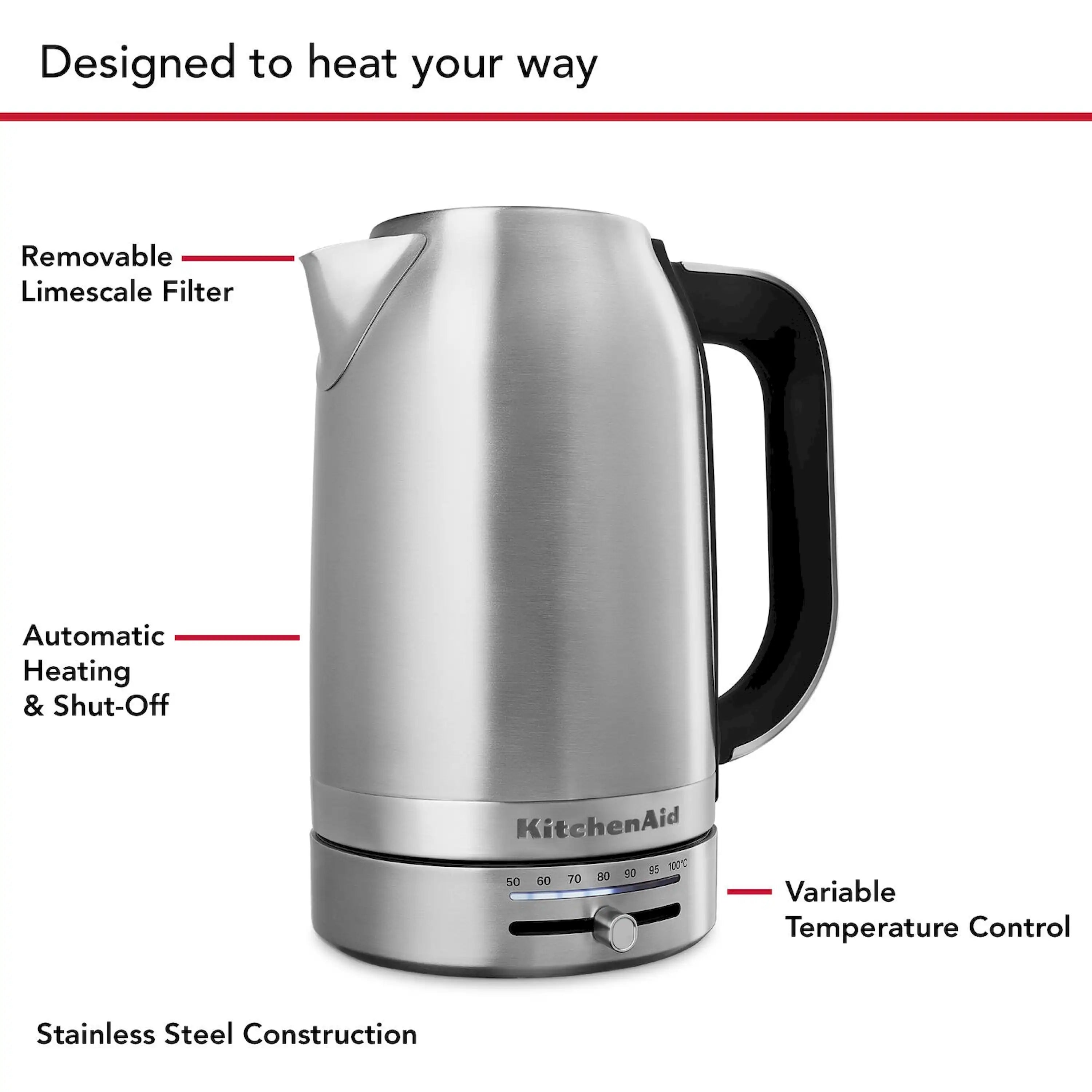 Stainless steel electric kettle on base with variable temperature dial and markings