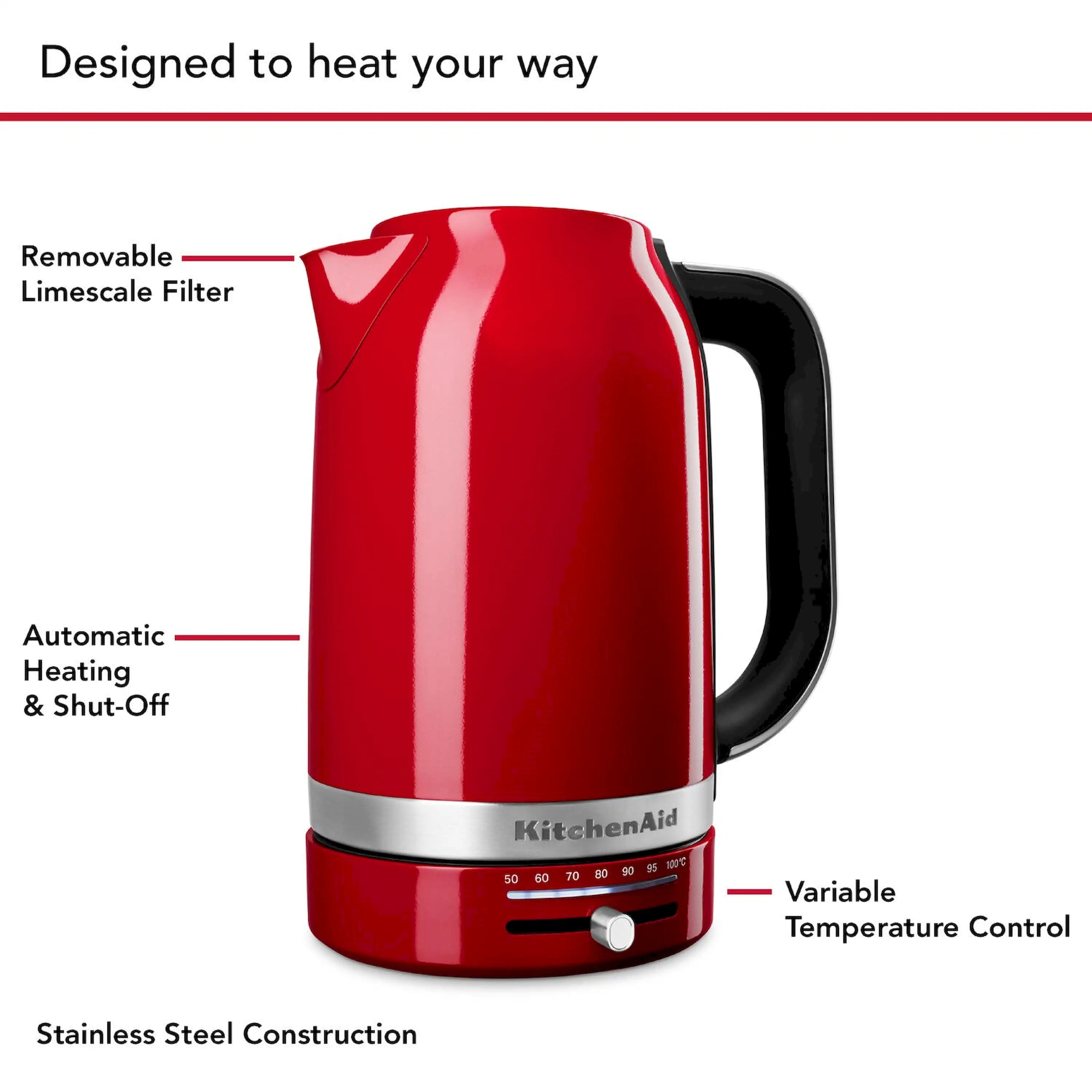 Red electric water kettle from side with temperature dial and black base