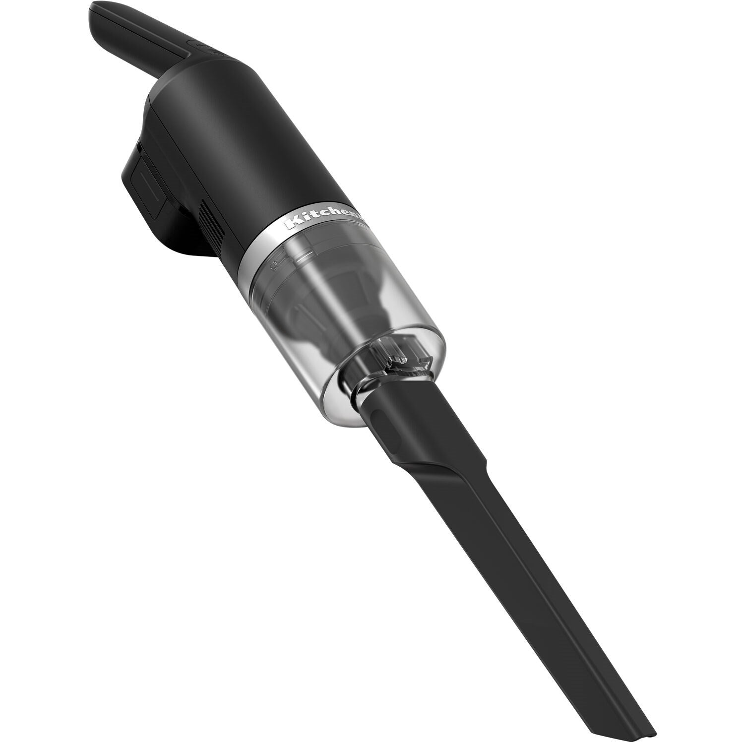 Black cordless kitchen vacuum with wide nozzle and clear dust canister