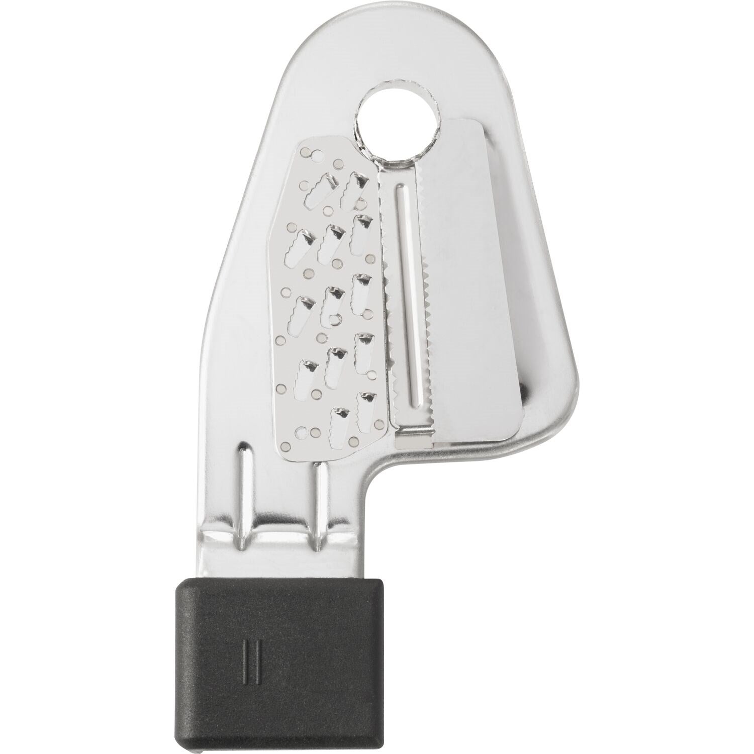 Spiralizer attachment blade insert with perforated shred surface and black locking collar