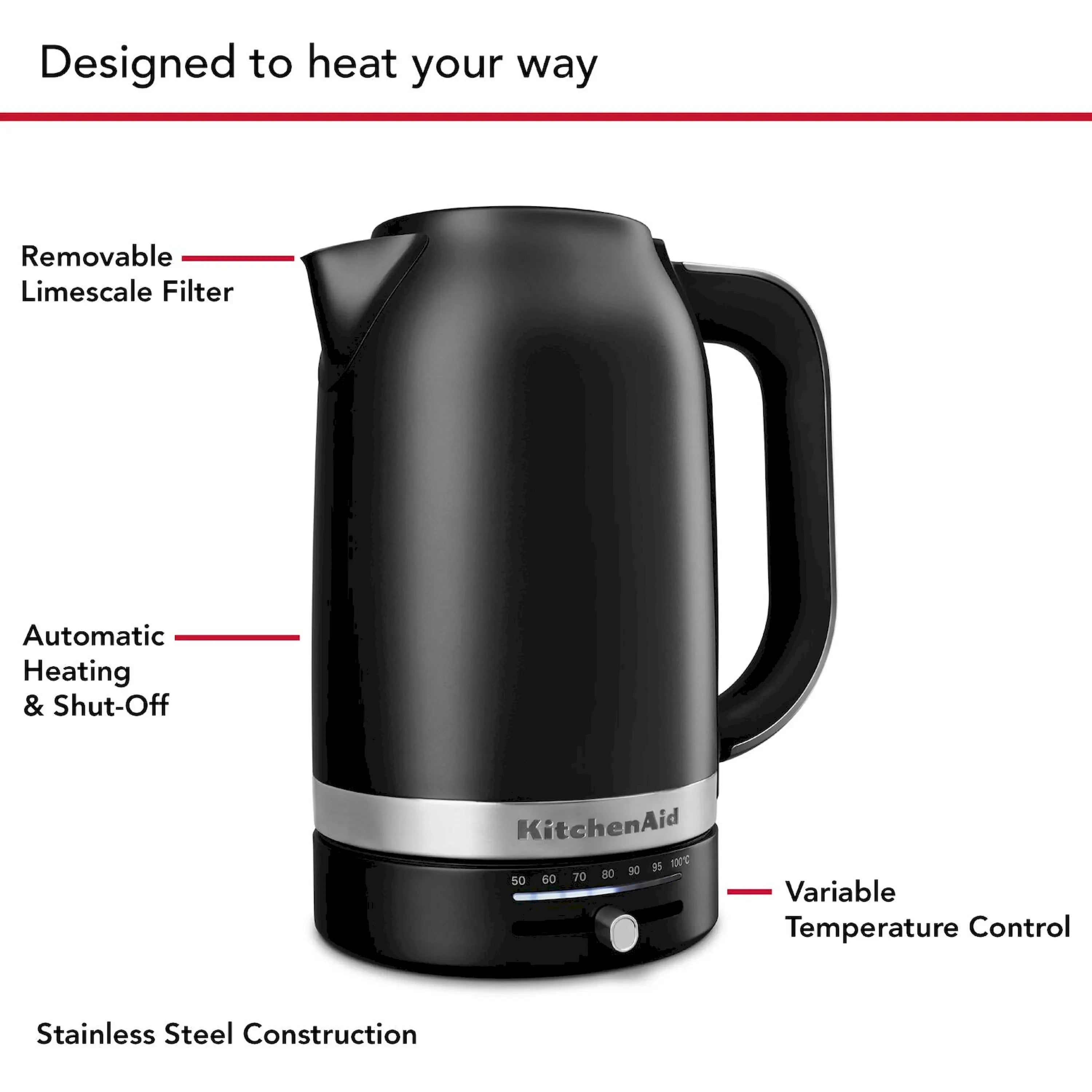 Matte black electric kettle with variable temperature dial and removable filter