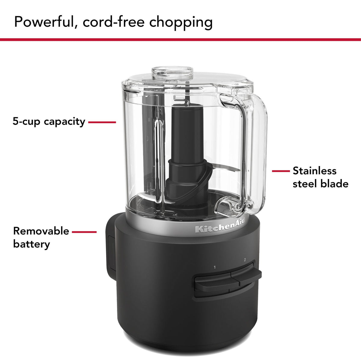 Black matte cordless chopper with clear processing cup and stainless steel blade