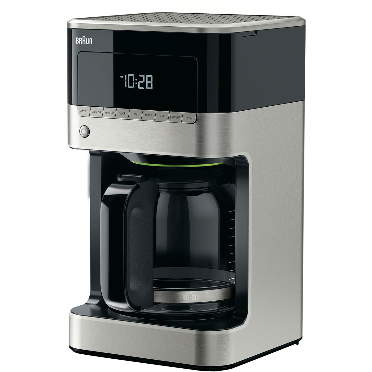 Stainless steel and black 12-cup drip coffee maker front view with carafe and brew basket