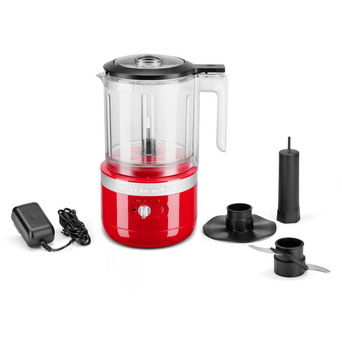Passion red 5-cup food chopper with clear bowl, lid, blade, and attachments