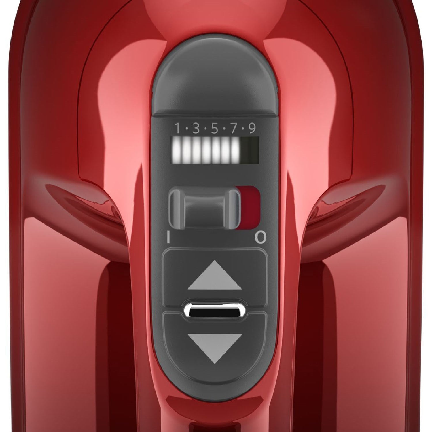 Red KitchenAid digital hand mixer control panel with speed display and buttons